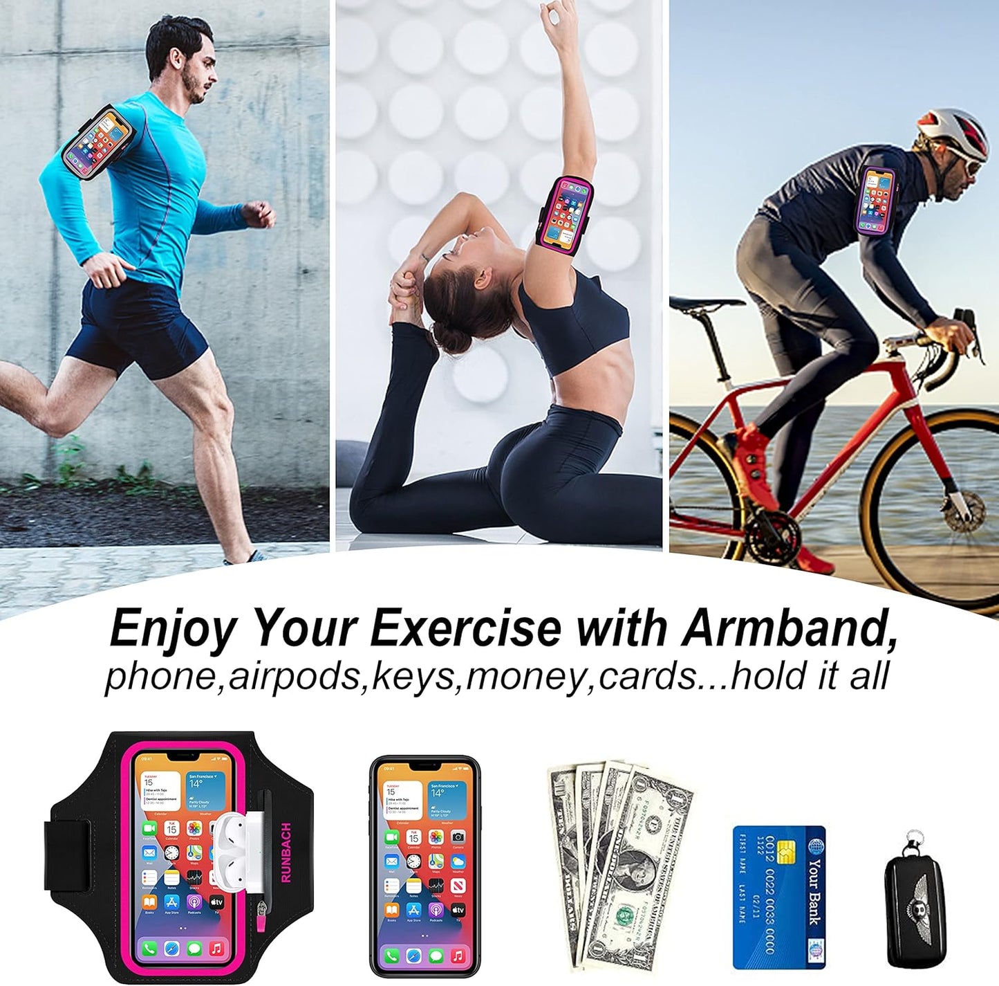 Armband for Samsung Galaxy S25/S24/S23/S22/S21/S20/S10/S9/S8,Galaxy A01/A8/A10e/A20e/A41/M01/Xcover 5,Water Resistant Sport Armband with Zipper Slot for Galaxy Buds (Pink)