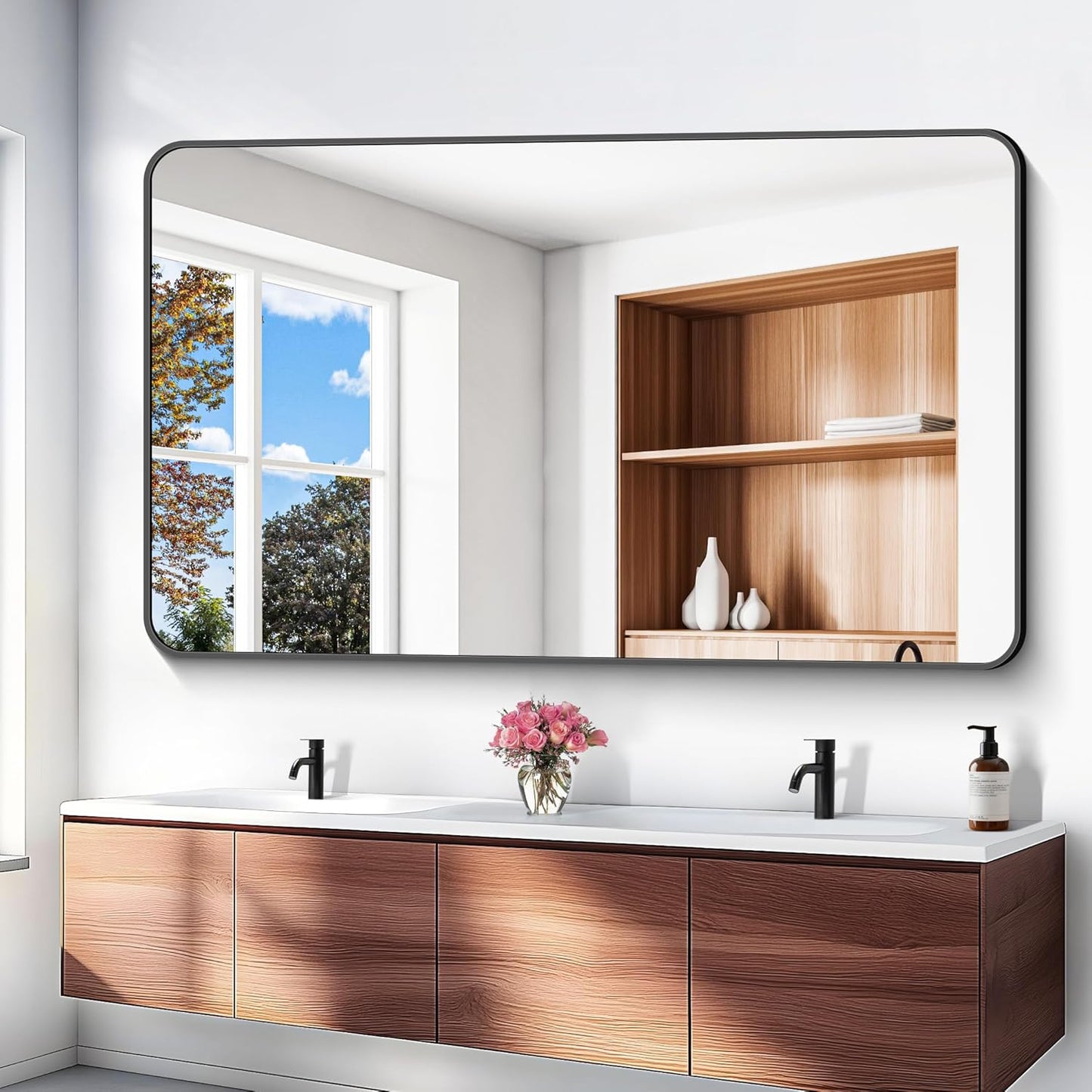 60x36 inch Large Bathroom Mirror,Black Rectangle Mirror,Wall Mounted Bathroom Frame Vanity Mirror with Round Corner for Bedroom Living Room, Entryway Hangs Horizontal or Vertical