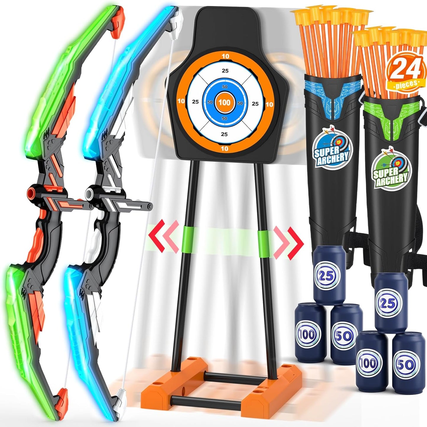 2 Pack Bow and Arrow with Moving Target for Kids, LED Light Up Archery Set with 24 Suction Cup Arrows, 6 Score Targets & 2 Quiver, Indoor Outdoor Sport Gifts for Boys Girls Ages 4-12