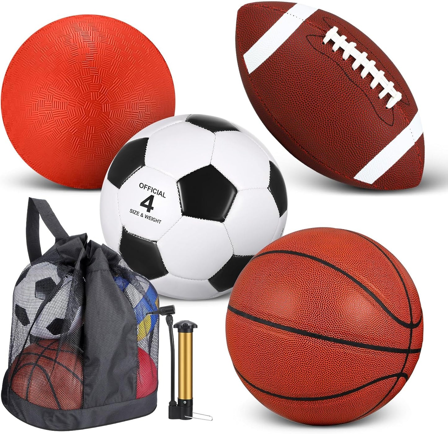 Deekin 4 Pcs Sport Balls Set for Kids Teens, Include Official Size 5 Basketball 4 Soccer 6 Football Playground Ball and Pump Sports Equipment Bag Recess Equipment Sport for Students(Normal Color)
