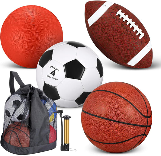 Deekin 4 Pcs Sport Balls Set for Kids Teens, Include Official Size 5 Basketball 4 Soccer 6 Football Playground Ball and Pump Sports Equipment Bag Recess Equipment Sport for Students(Normal Color)