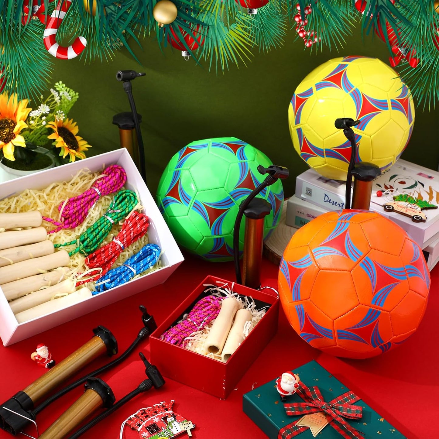 12 Sets Operation Christmas Deflated Soccer Ball Bulk with Pump Jump Rope, Bulk Soccer Balls 7.25 ft Adjustable Skipping Rope Outside Sport Balls
