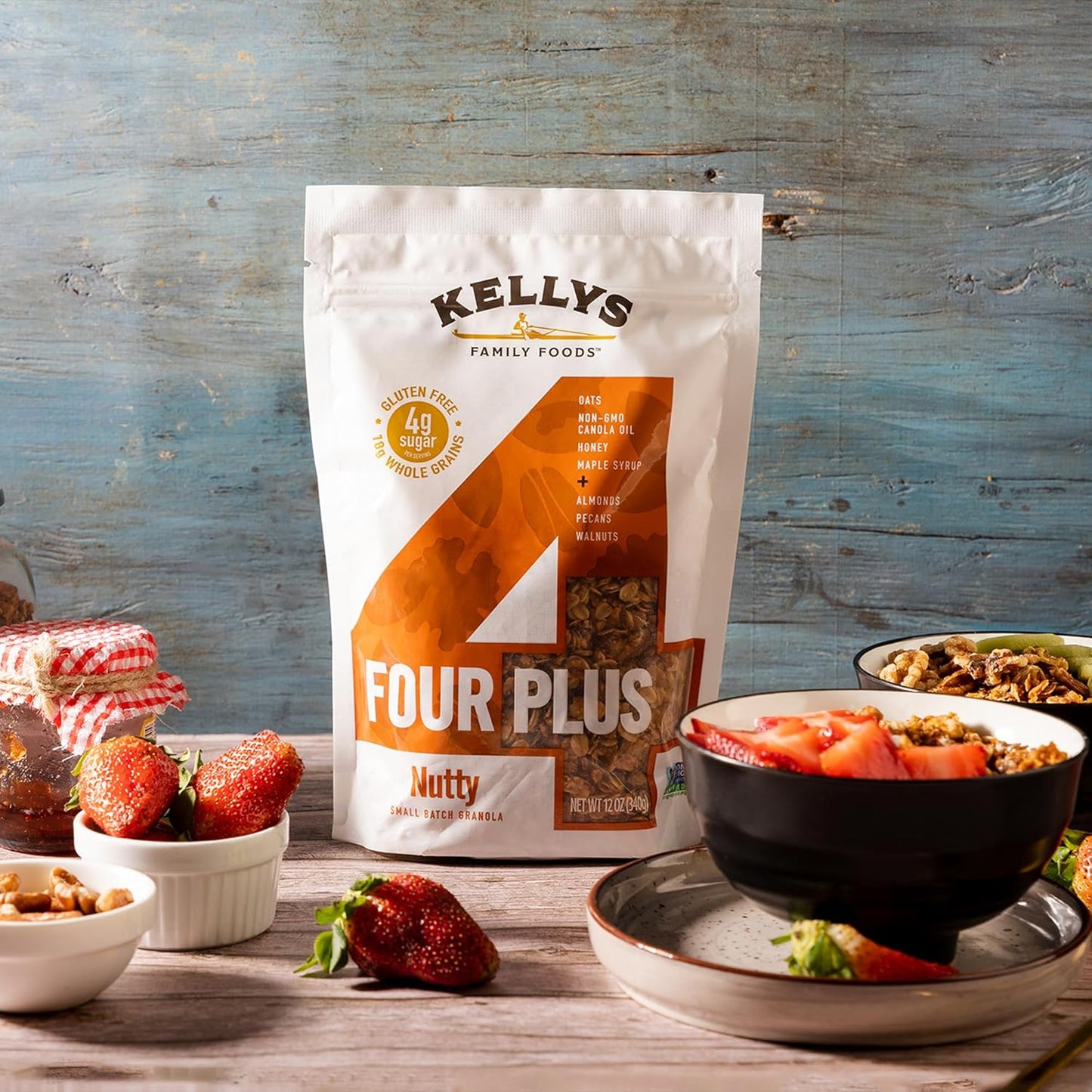 Kelly's Four Plus (Nutty) Healthy Granola Cereal with Whole Grain Oats, Honey, Maple Syrup - Non-GMO, Low Sugar, Sodium Free and Gluten Free Granola for Yogurt - 12oz (Pack of 4)