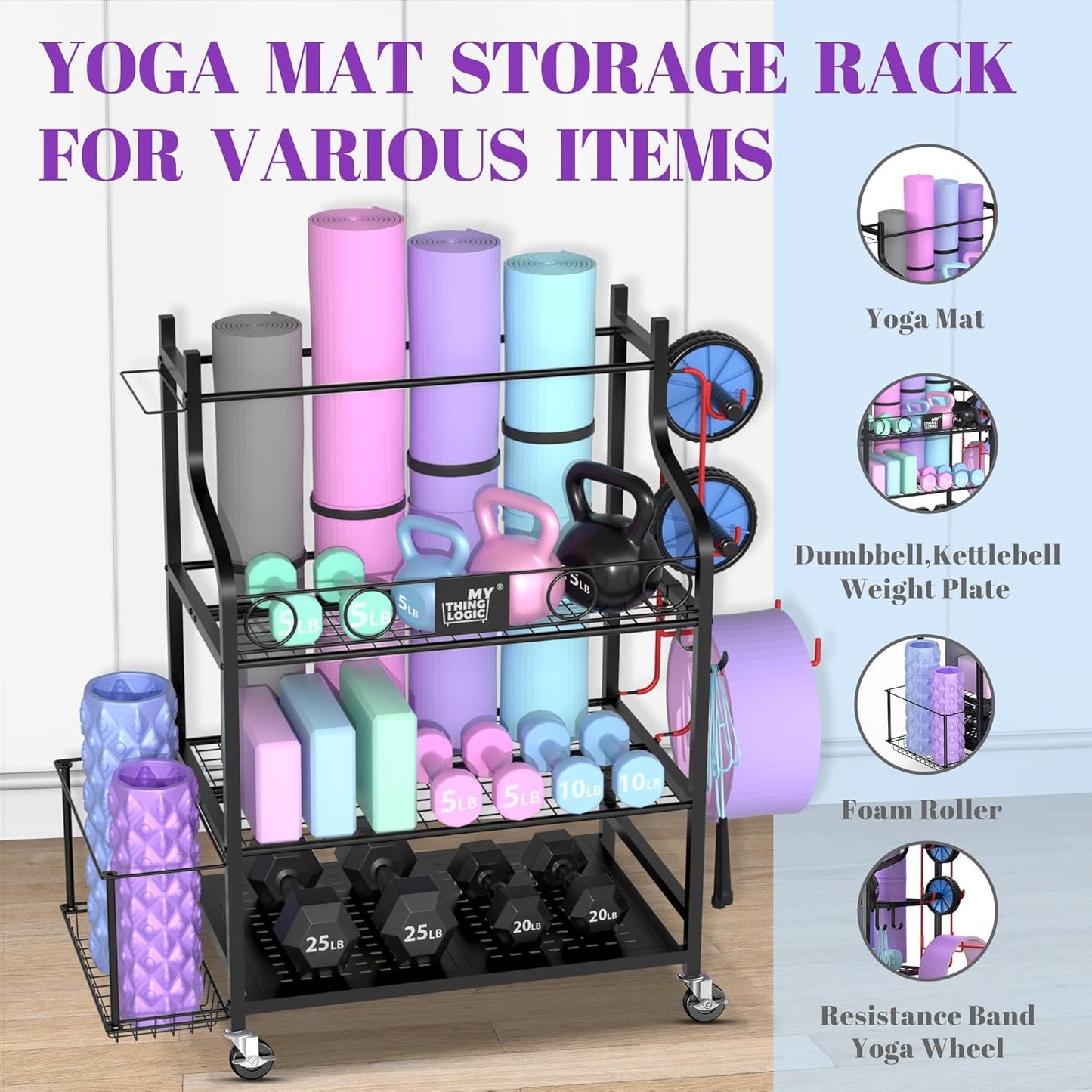 Mythinglogic Yoga Mat Storage Racks,Home Gym Storage Rack for Dumbbells Kettlebells Foam Roller, Yoga Strap and Resistance Bands, Workout Equipment Storage Organizer With Hooks and Wheels