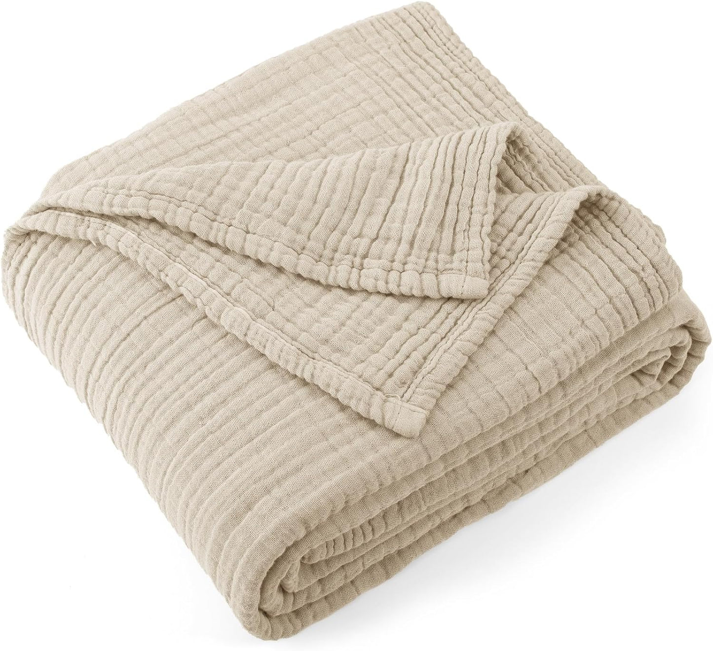 Carriediosa 100% Cotton Muslin Throw Blanket 108" X 90" King Size，4-Layers Summer Gauze Throws for Bed Couch，Soft Lightweight Breathable Linen Blankets Bedspread for Adults All Season，Khaki