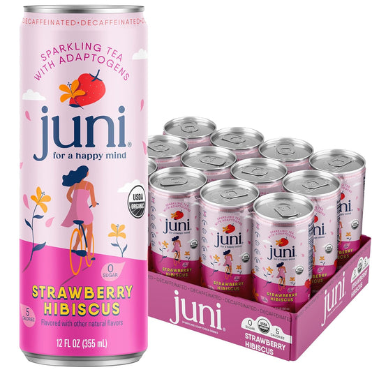 Juni Sparkling Adaptogen Drink with Ashwagandha, Lion’s Mane & Reishi Mushrooms | Green Tea for Focus, Zero Sugar, 5 Calories | Decaffeinated, Non Alcoholic Drinks - Strawberry Hibiscus 12 pack