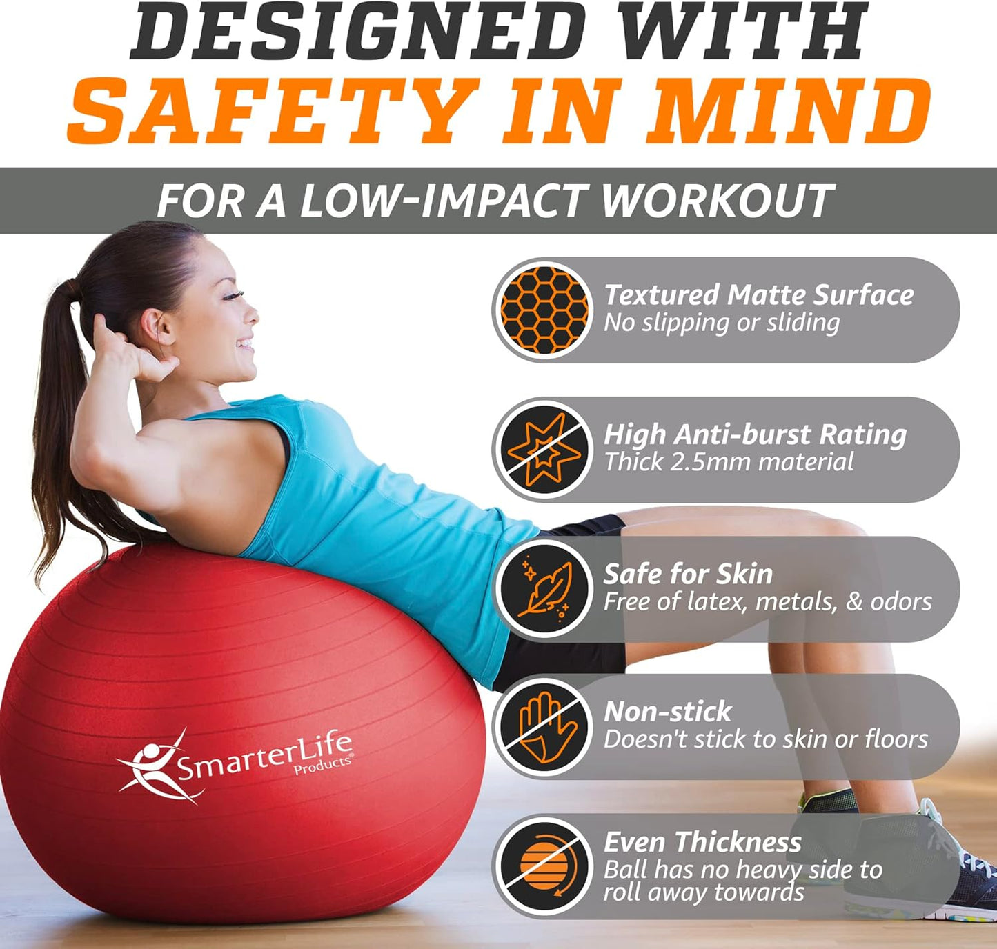 SmarterLife Exercise Ball Yoga Ball for Fitness, Balance, Stability, or Pregnancy, Gym Ball for Core Workout, Physical Therapy, Yoga Ball Chair for Office, Anti-Slip Anti-Burst