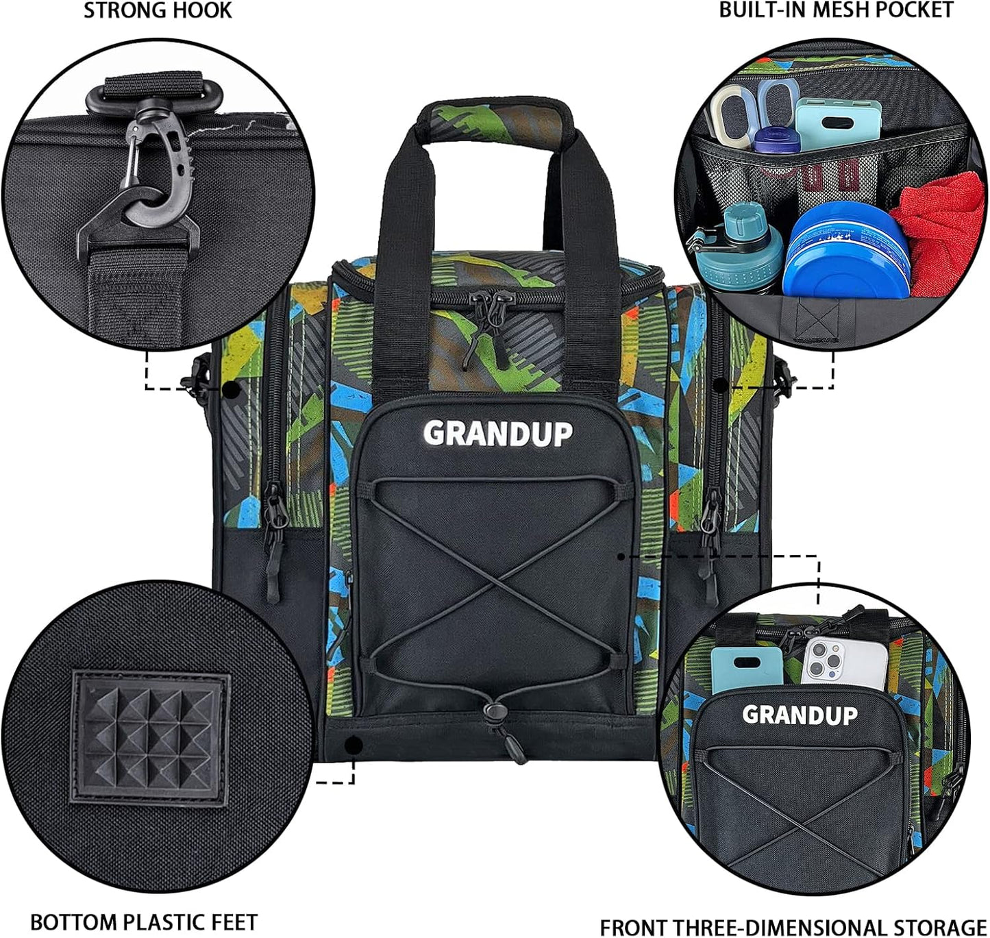 GRANDUP Bowling Ball Bag for Single Ball - Black Bowling accessories Ball Tote Bag Bowling Bag with Padded Ball Holder - Fits Bowling Shoes Up to Mens Size 14