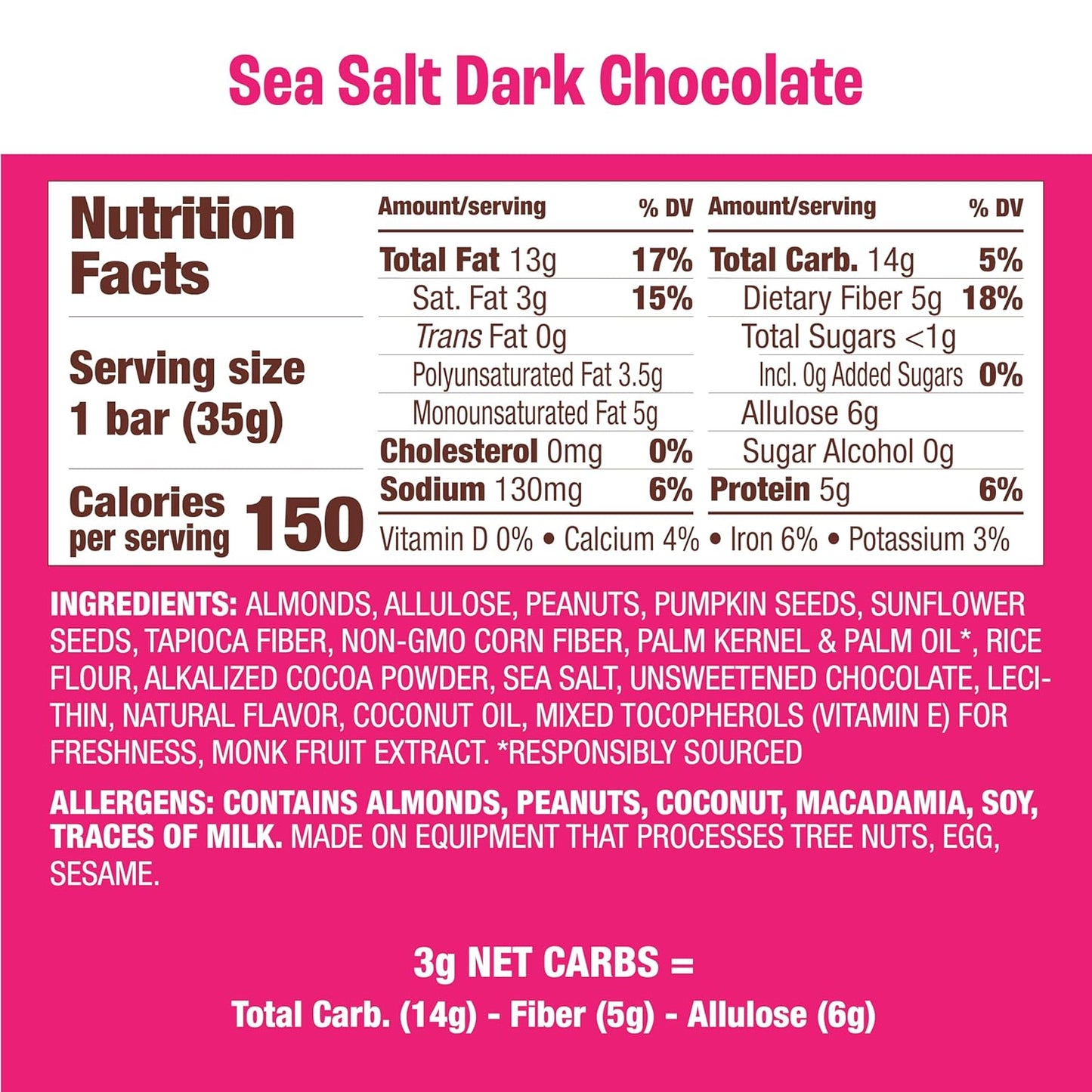 Munk Pack Nut & Seed Snack Bars - 5g Protein, 1g Sugar, 3g Net Carbs, Low Sugar, Keto, and Gluten Free Snack for Adults and Kids, Sea Salt Dark Chocolate – 4.92 oz, 12 Pack