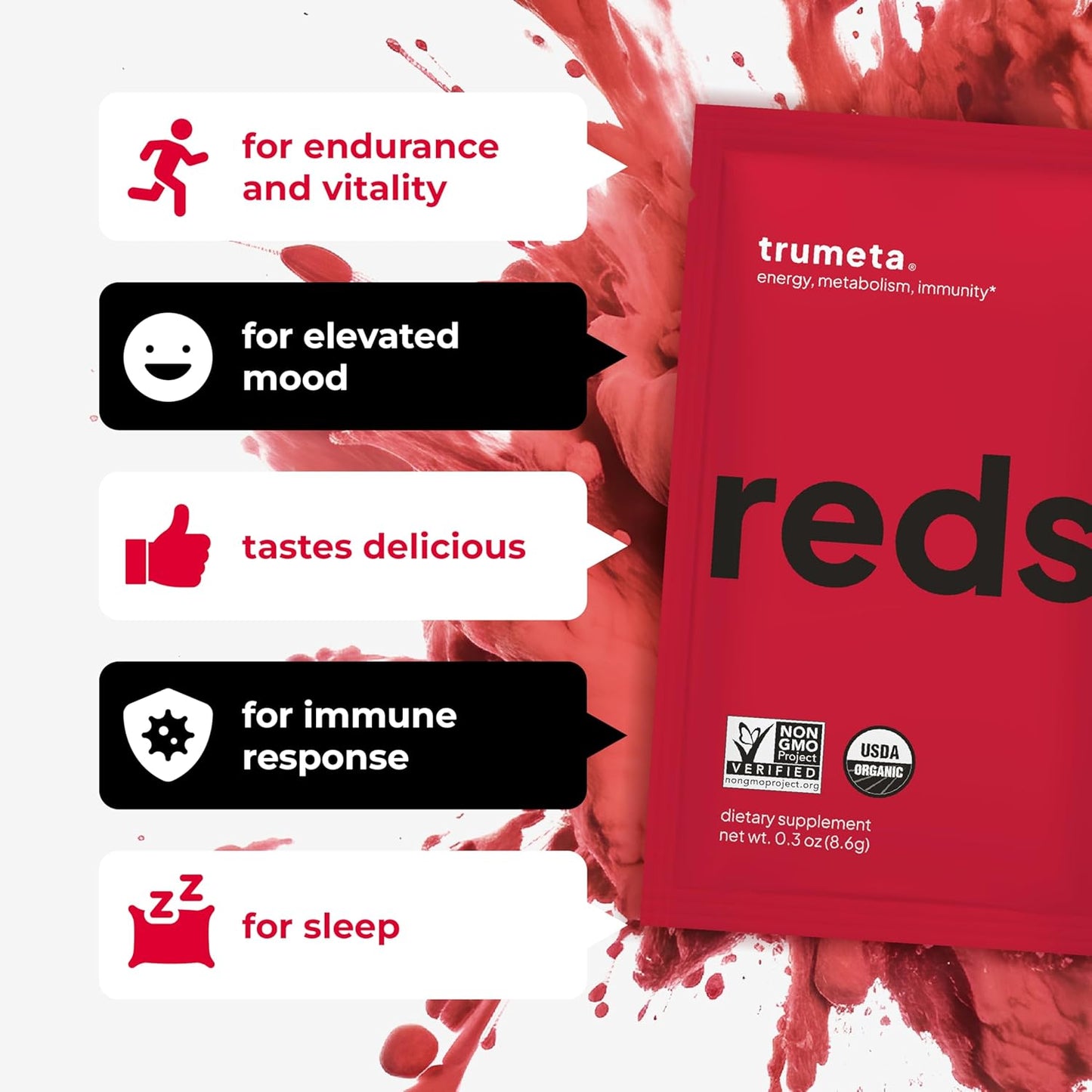 Superfood Reds Powder Packs - for Immune Support and Memory I Reds Superfood Powder Antioxidants Polyphenols Blend with Organic Acai Berry, Goji Berry, Pomegranate - 14 Sachets