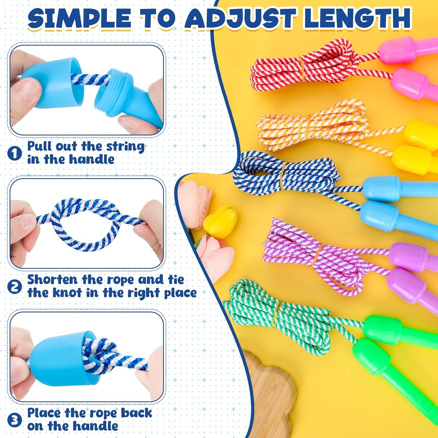 Kids Jump Rope, Colorful Nylon Skipping Ropes for Children, 7.78FT Adjustable Length, 5.51IN Handles, Lightweight Skipping Ropes Set for Indoor & Outdoor Play Fitness School Activities