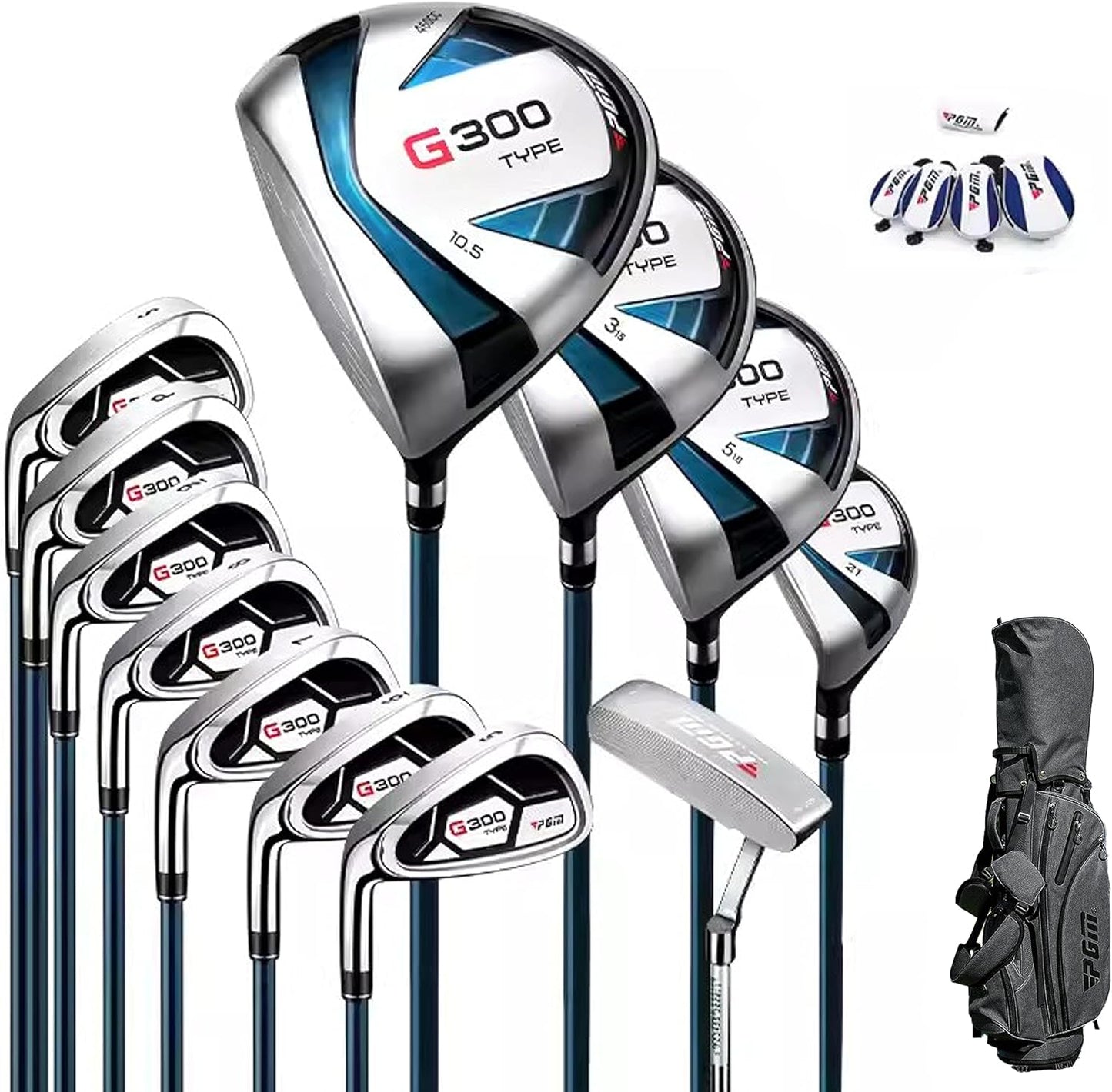 PGM Men's G Type Complete Golf Club Set - Titanium #1 Driver, Draw-Biased Hybrid, High-Strength Iron Set, High Forgiveness Putter, with Stand Bag