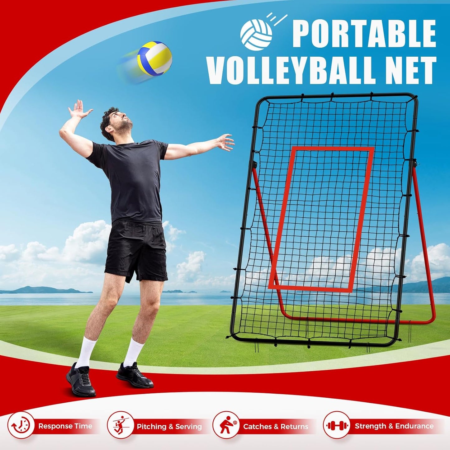 Volleyball Rebounder Net，Portable 7x4 ft Training Equipment for Spike and Smash Practice - 5 Rebound Angles Custom Target Area for Volleyball Sports Training
