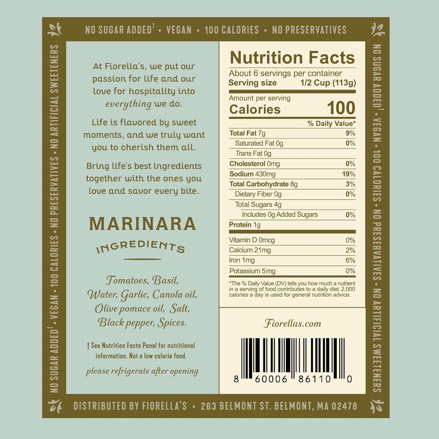 Fiorella's Marinara Pasta Sauce - Tomato Sauce Made with Fresh Ingredients - No Sugar Added, Vegan, Gluten Free, No Preservatives Added, Pasta Sauce, 25 Oz (Pack of 2)
