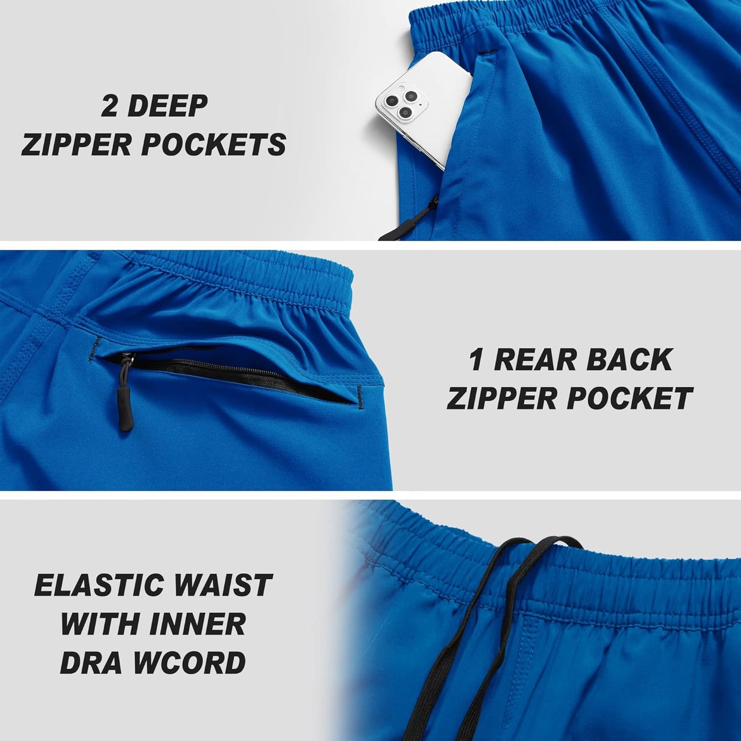 Men's Gym Shorts Sports Quick Dry Workout Running or Casual Training Short with Zipper Pockets