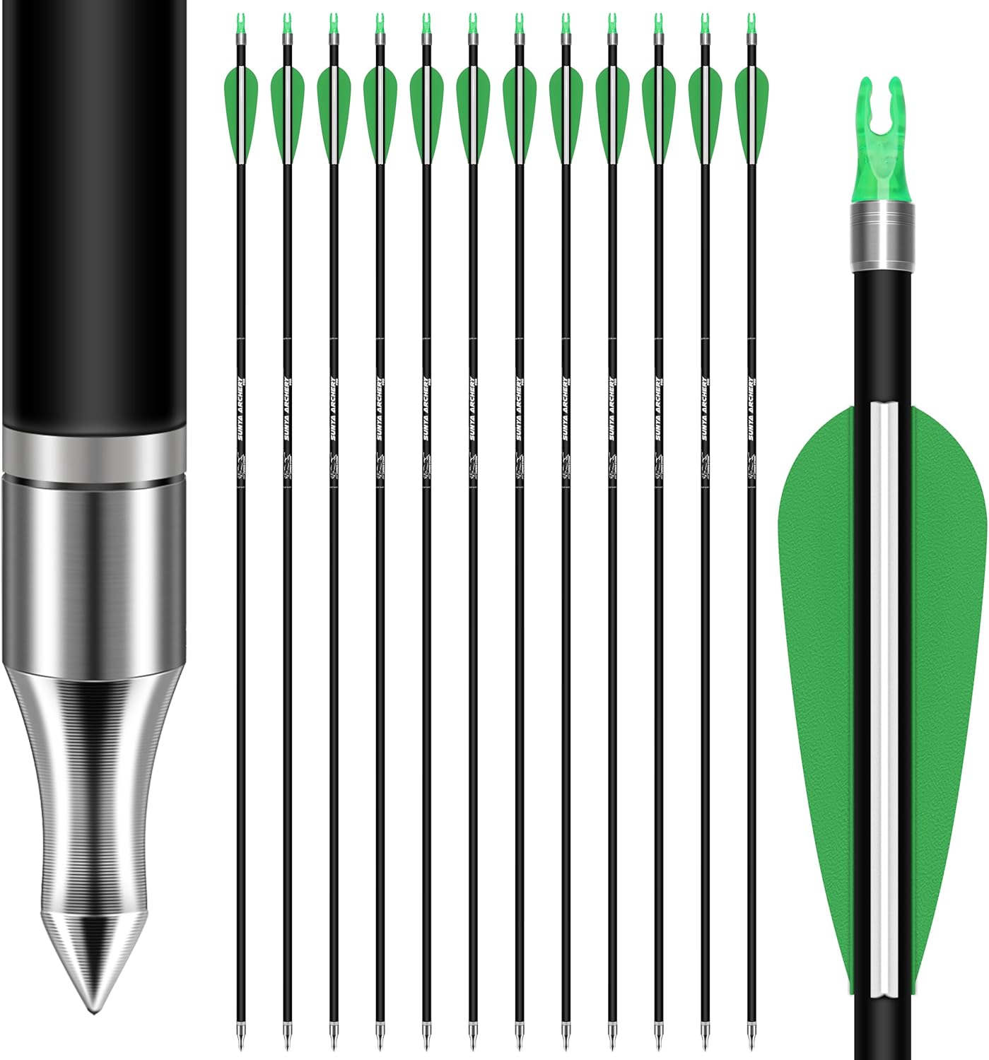 SUNYA 12-Pack 30 Inch Carbon Arrows Spine 500 or 400 for 40-60 LBS Bows｜Switch to Recurve/Compound Modes, Anti-Loose O-Ring & TPU Vanes for Hunting/Target Practice