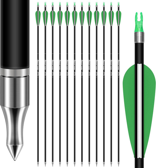 SUNYA 12-Pack 30 Inch Carbon Arrows Spine 500 or 400 for 40-60 LBS Bows｜Switch to Recurve/Compound Modes, Anti-Loose O-Ring & TPU Vanes for Hunting/Target Practice