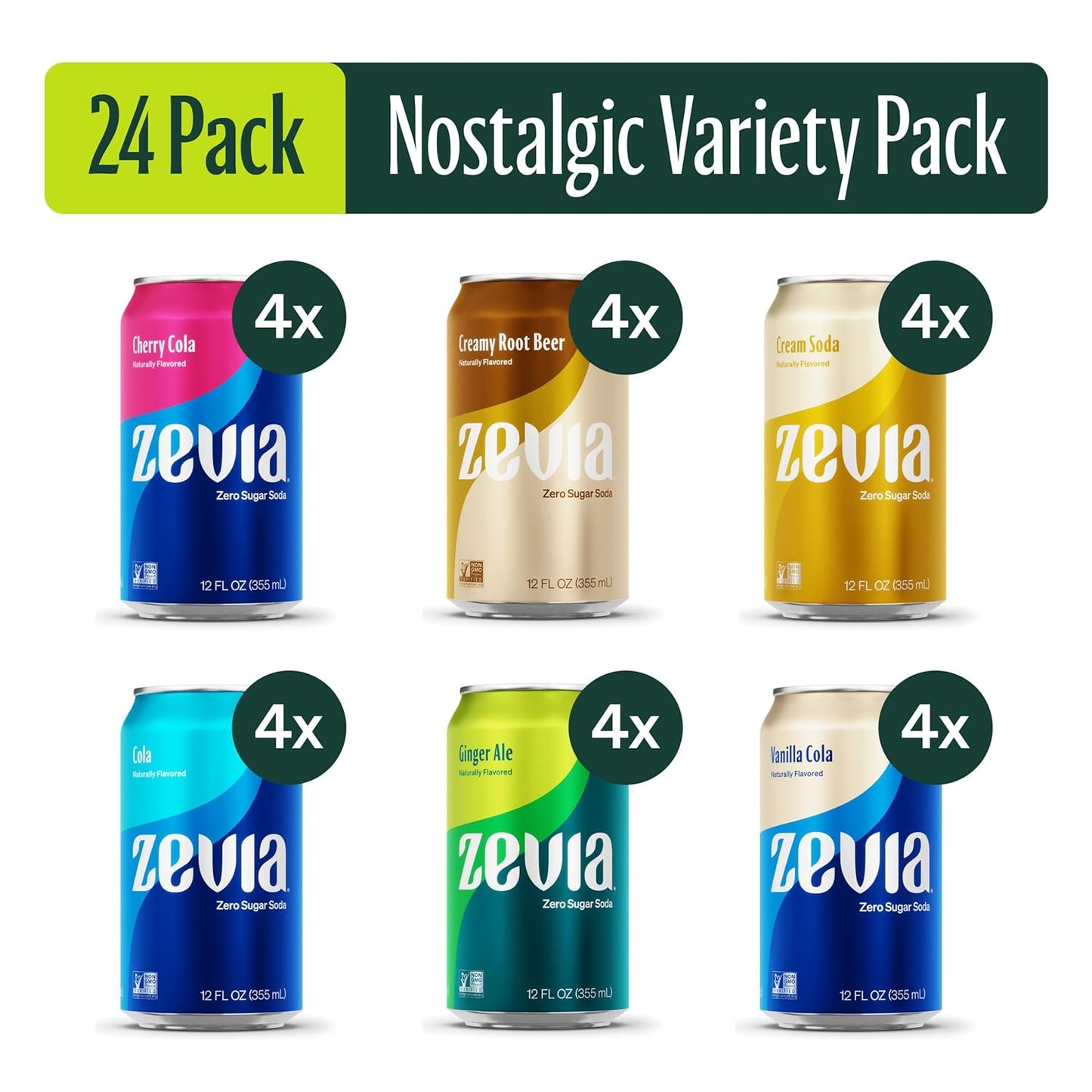 Zevia Zero Sugar Soda, Nostalgic Variety Pack, 12 oz Cans (24-Pack) – Naturally Sweetened, Non-GMO Project Verified, Gluten-Free, Vegan