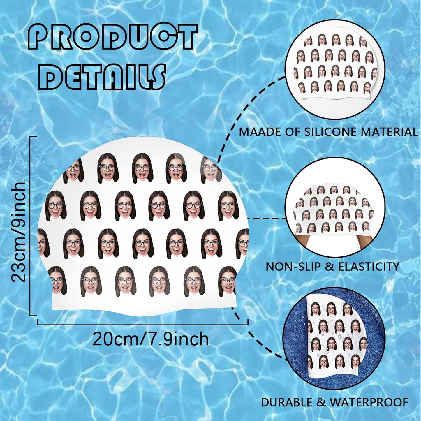 Custom Swim Cap with Photo Personalized Silicone Swim Cap for Men and Women Swimming Customized Swimmers Cap for Short and Medium Length Hair