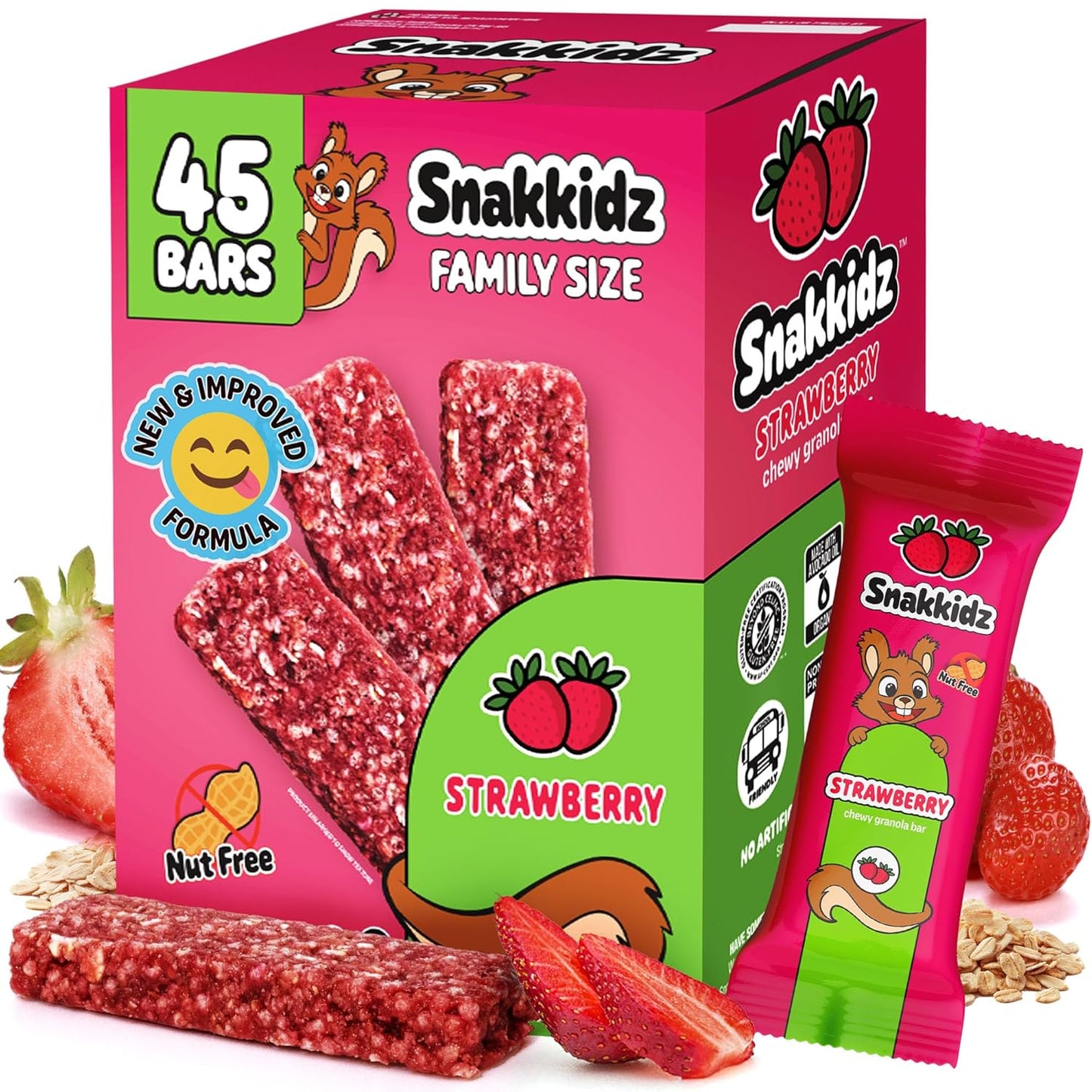 Snakkidz Organic Chewy Granola Bar, Allergen Free, Made with Avocado Oil, Low Sugar (45 Bars, Strawberry)