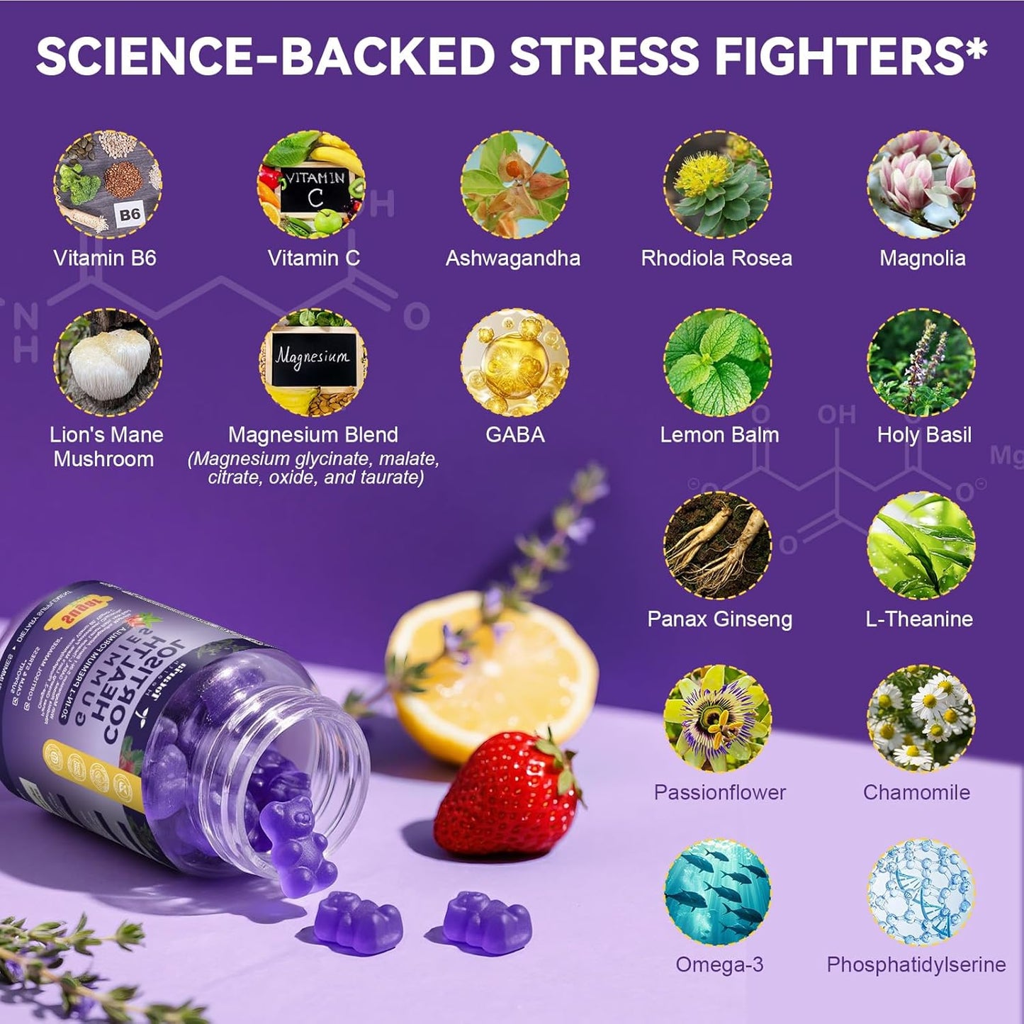 Cortisol Supplements for Women & Men 20-in-1 Cortisol Gummies with Ashwagandha Rhodiola Rosea Magnesium Phosphatidylserine Calm Focus Mood Support Healthy Cortisol Levels 30 Day Supply