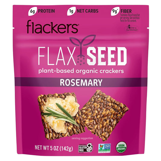 Flackers Organic Rosemary Flaxseed Crackers, 5 Ounce 6-Pack, Gluten Free, Non GMO, Vegan, Keto Snack, 9 Grams Fiber, 1 Net Carb