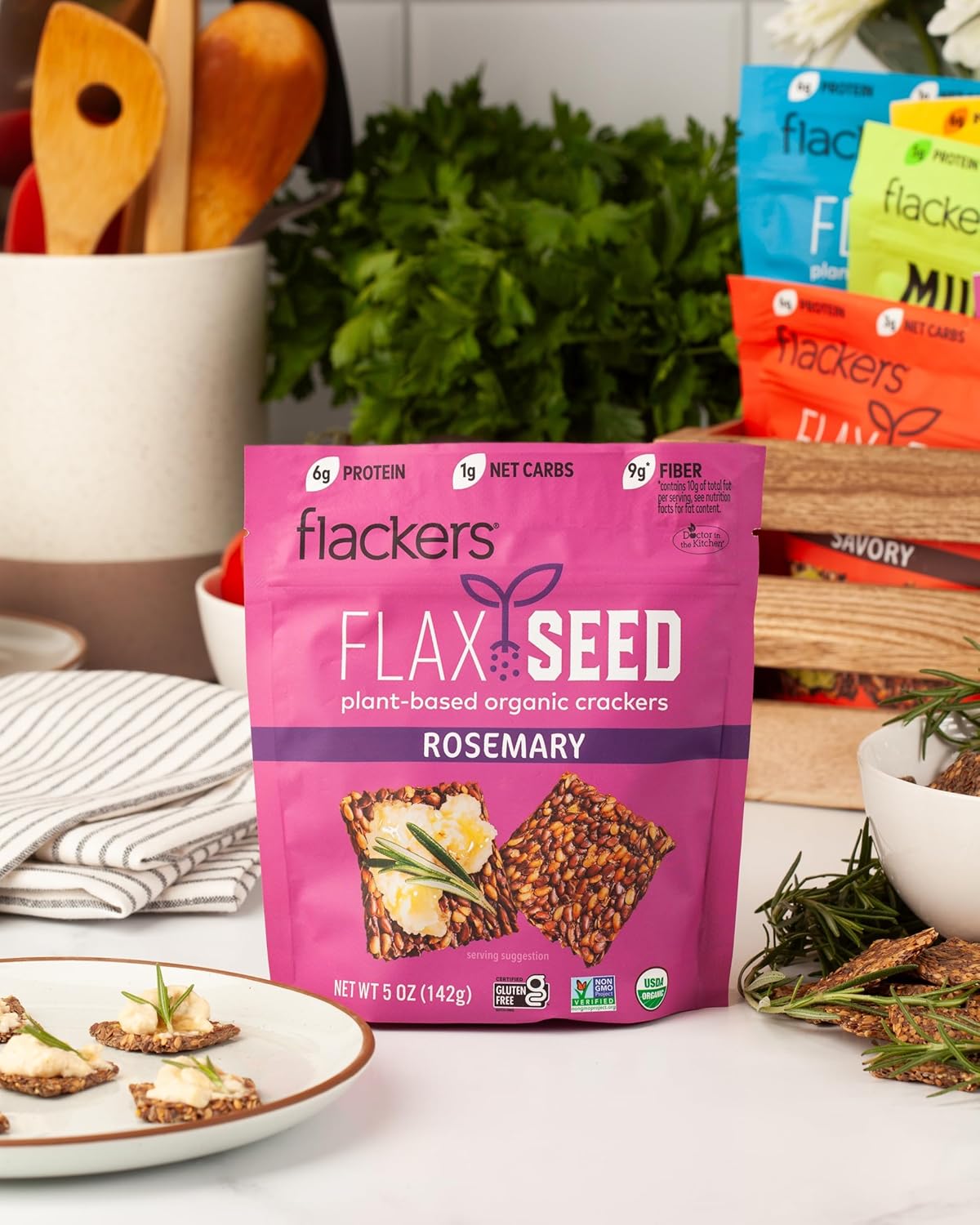 Flackers Organic Rosemary Flaxseed Crackers, 5 Ounce 1-Pack, Gluten Free, Non GMO, Vegan, Keto Snack, 9 Grams Fiber, 1 Net Carb