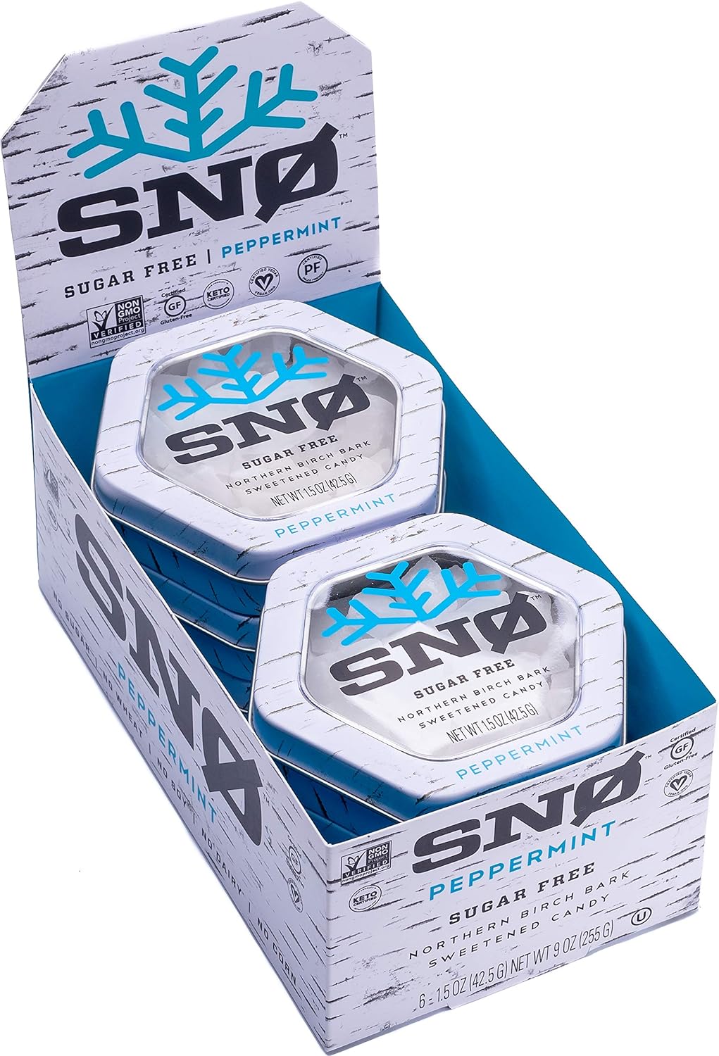 Peppermint KETO Xylitol Candy Chips (6-Pack) - SNØ 1.5oz Tin - Sugar-Free Candy With Only 2 Ingredients | Low Carbs, Diabetic-Friendly, Non-GMO, Vegan, GF & Kosher | Purest candy in the world