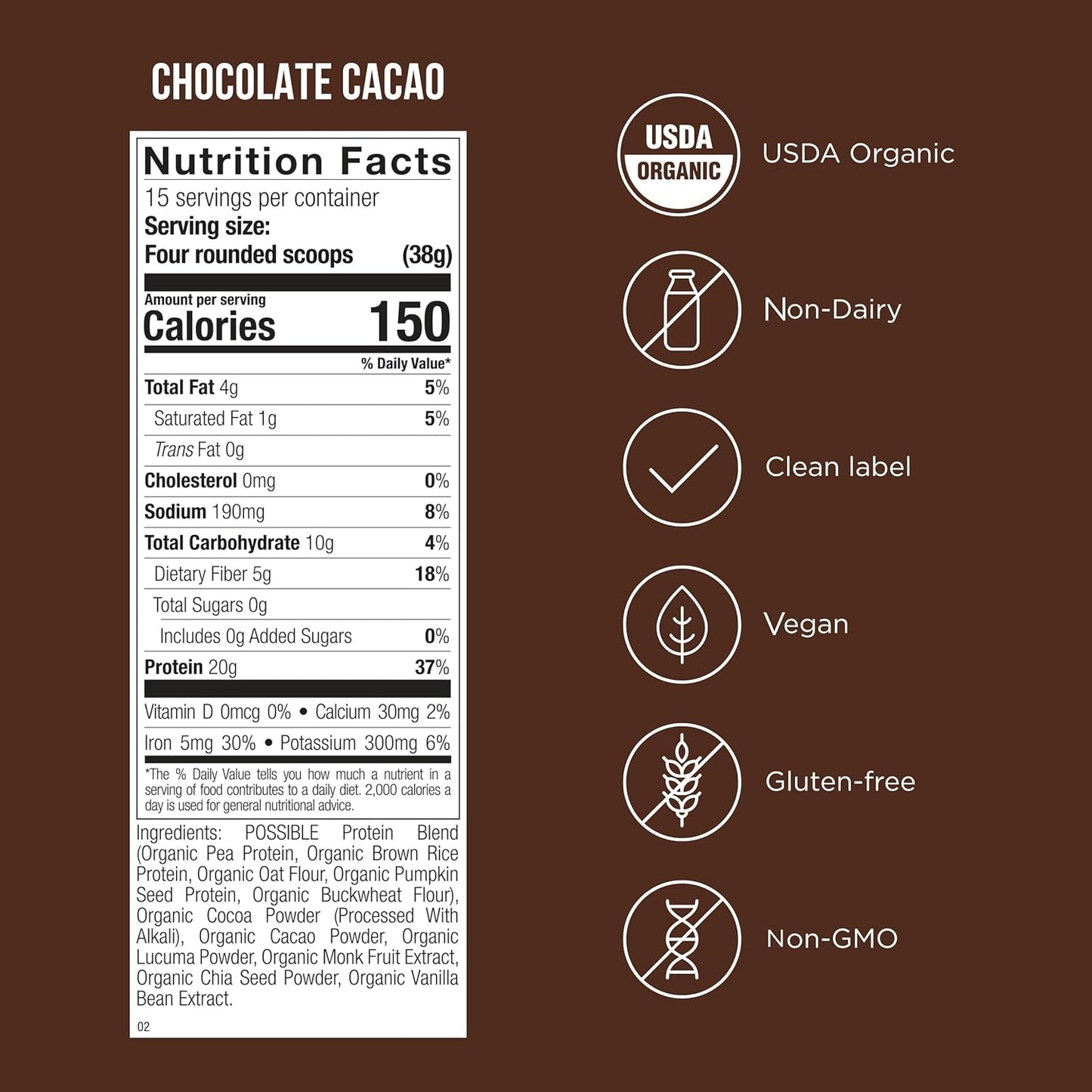 Possible Protein Powder Chocolate Cacao - 20g of Vegan, Plant-Based Protein Mix - Non-GMO, Non-Dairy, Gluten-Free - 3.5g of BCAAs - 9 Essential Amino Acids - 30-Day Supply - 2 Bag, 30 Servings