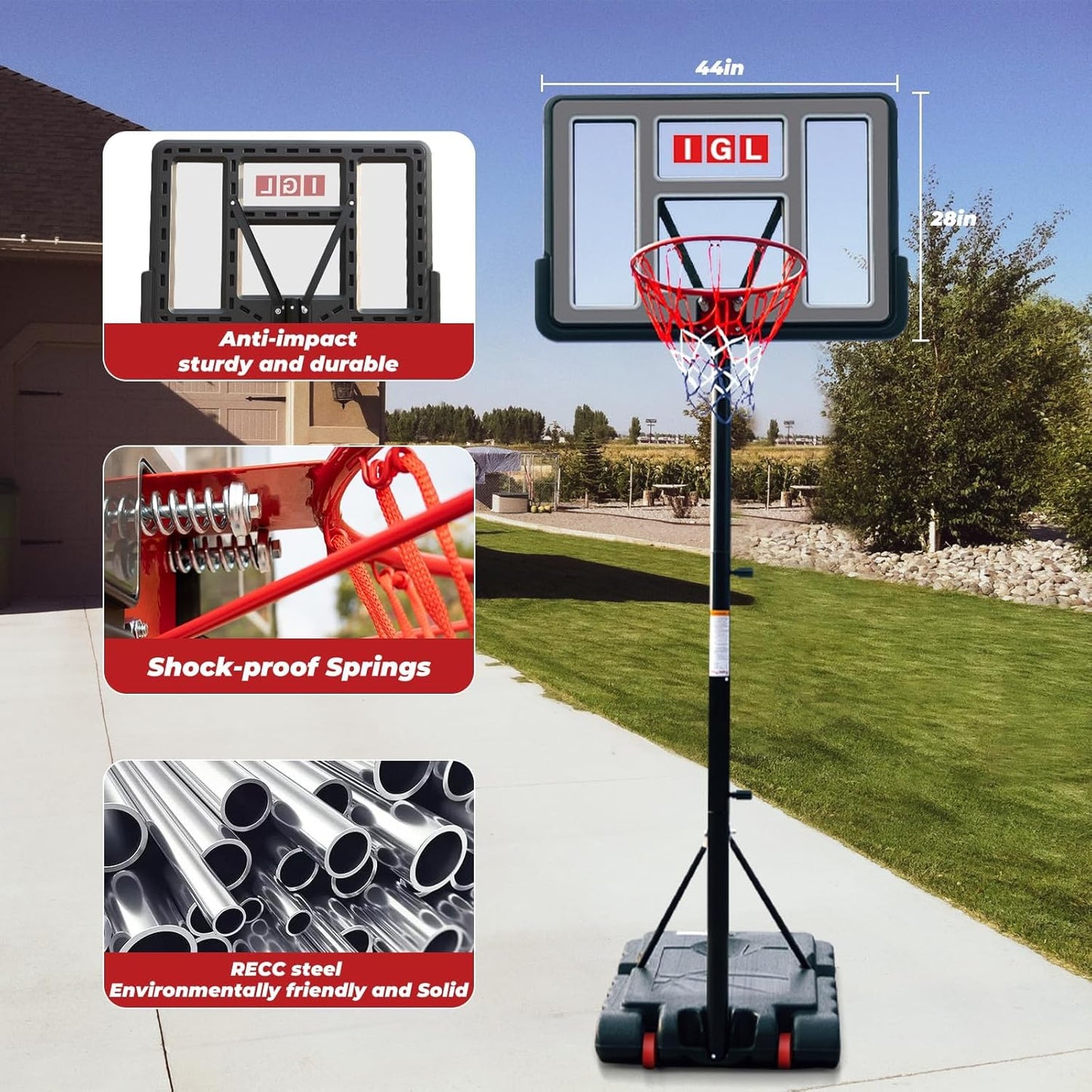 IGL Portable Basketball Hoop, 5.6-10FT Adjustable Basketball Goal System, 44 Inch Outdoor Basketball Hoop & Goals for Kids, Youth, and Adults in The Backyard, Driveway with PC Backboard