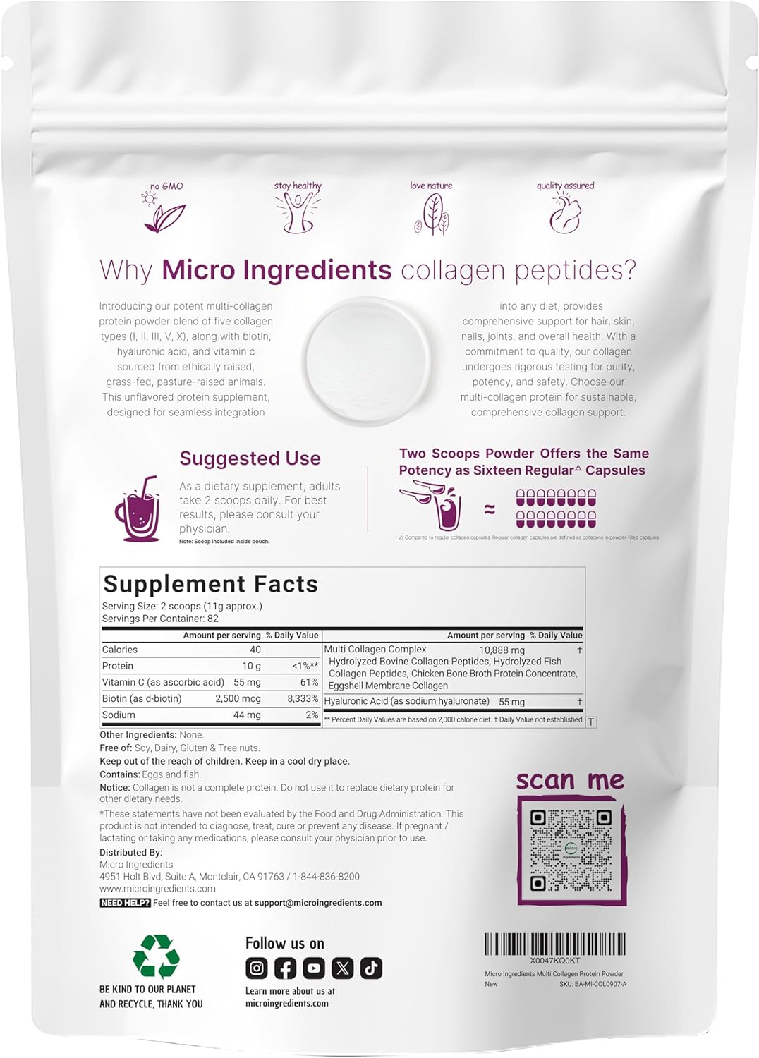 Micro Ingredients Multi Collagen Peptides Powder, 2lb | Type I, II, III, V, X + Biotin, Vitamin C & Hyaluronic Acid | Unflavored | Supports Hair, Skin & Joint Health | Keto, Non-GMO