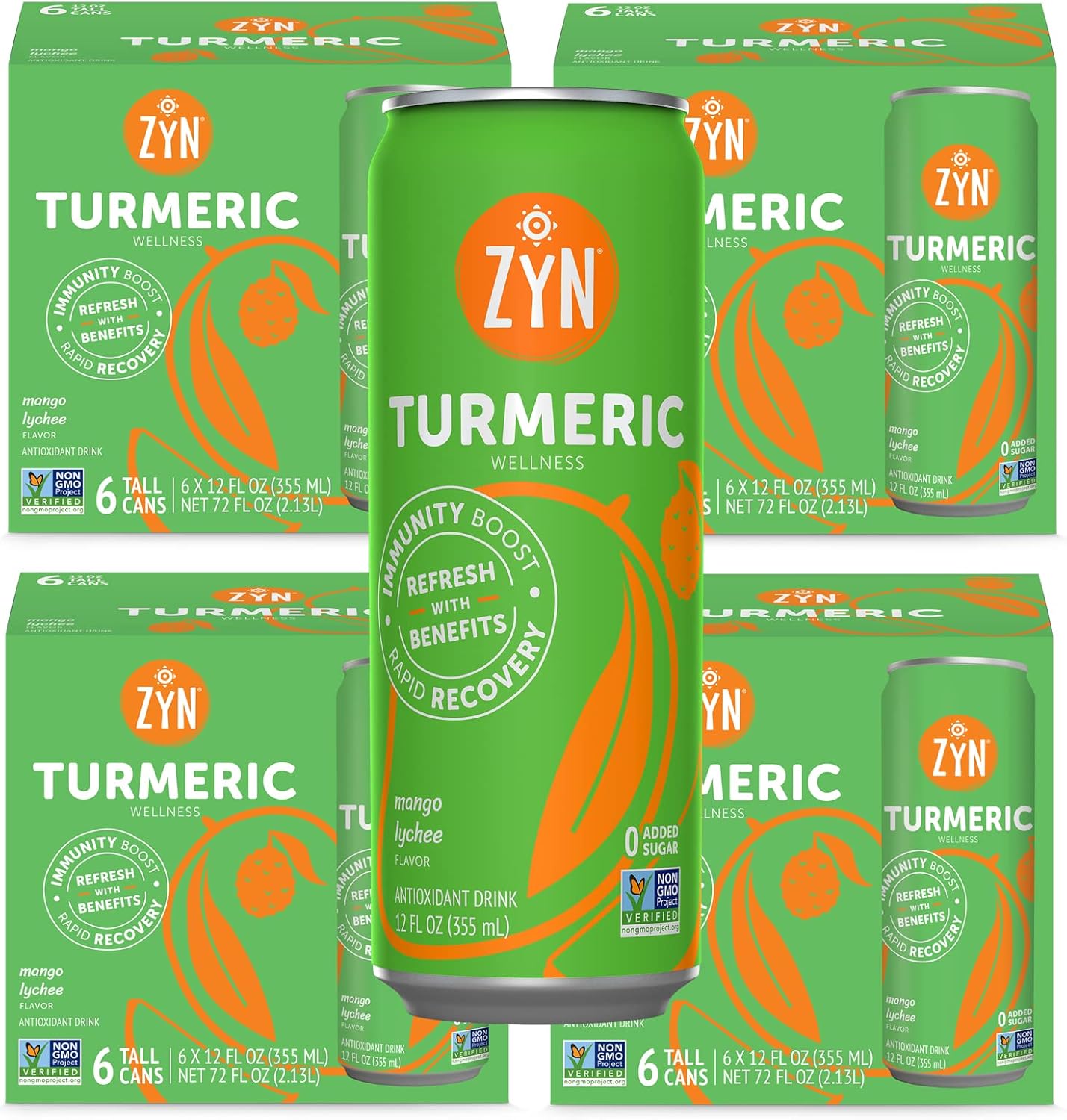 ZYN Turmeric Wellness Drink (24 Pack), Mango Lychee Flavored Turmeric Curcumin Drink with Black Pepper, No Added Sugar, Low Carb & Low Calorie Drink, Clean Alternative