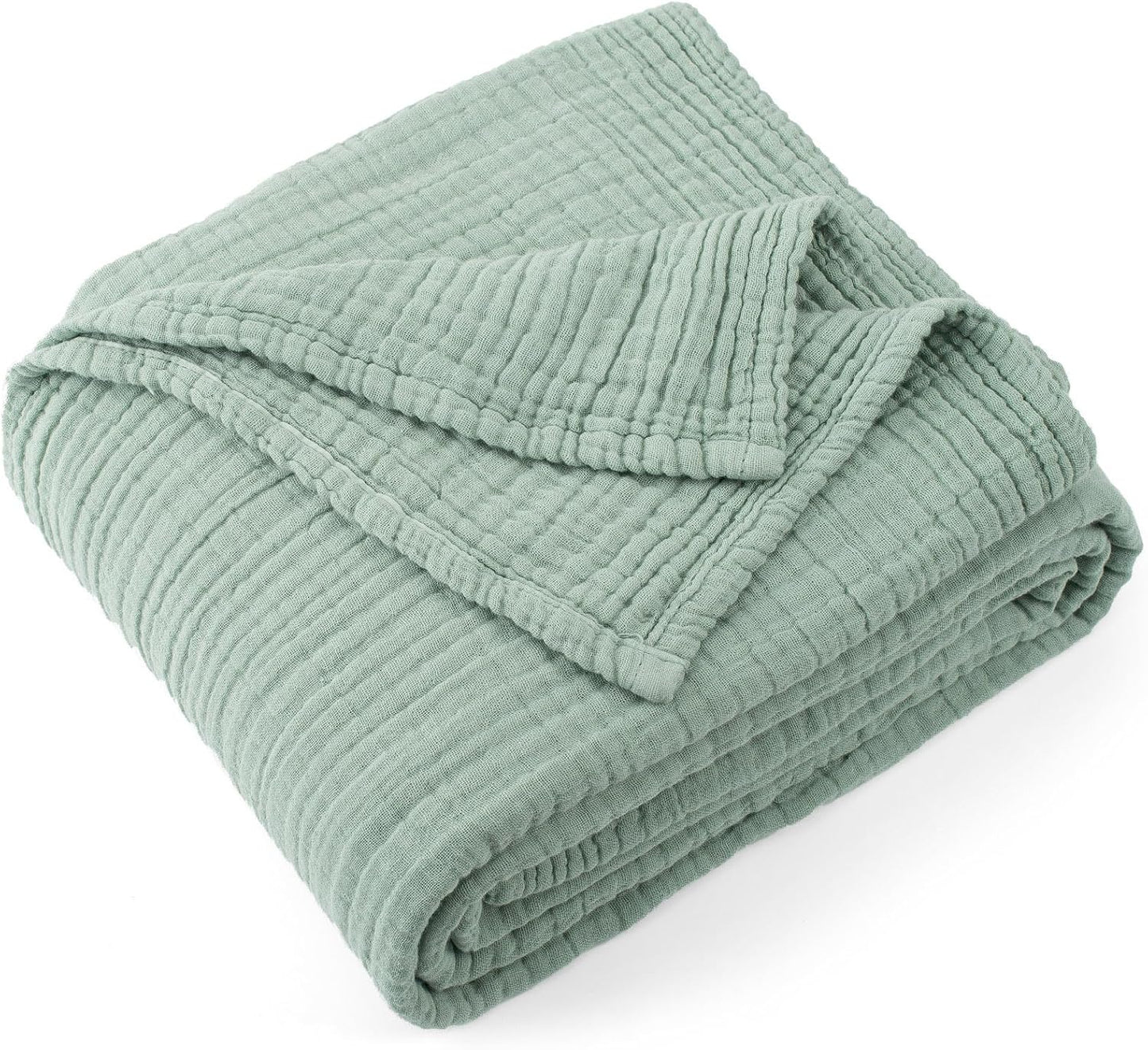 Carriediosa 100% Cotton Muslin Throw Blanket 70" X 80" Twin Size，4-Layers Summer Gauze Throws for Bed Couch，Soft Lightweight Breathable Linen Blankets Bedspread for Adults All Season，Sage Green