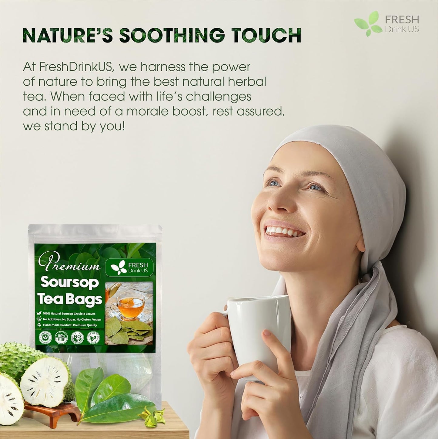 FreshDrinkUS, 60 Premium - The Top Soursop Graviola Leaf Tea Bags, 100% Pure & Natural from Soursop Leaves, Handmade, Made With Natural Materials-Corn Fiber Tea Bag, Sugar/Caffeine/Gluten Free, Hoja Guanabana Tea