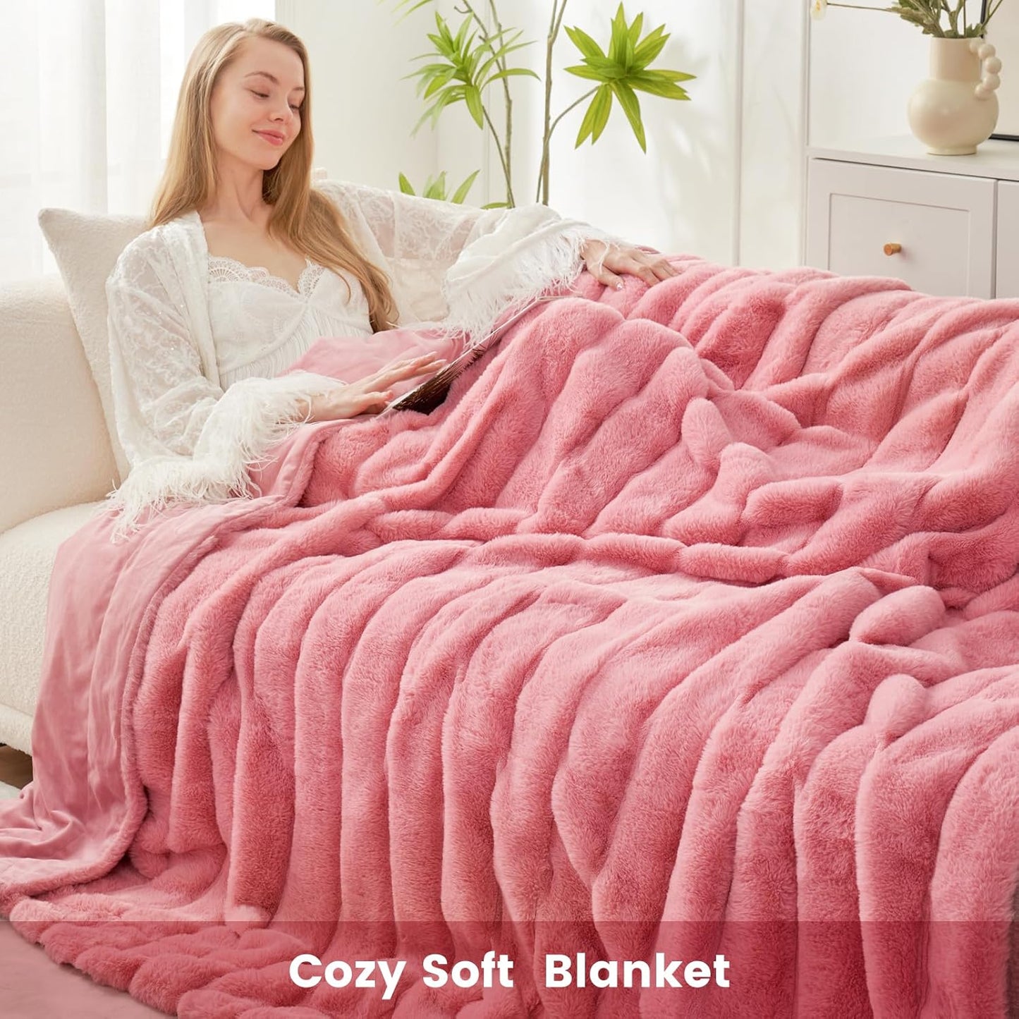 Cozy Bliss Faux Fur Throw Blanket for Couch, Cozy Warm Plush Striped Blanket for Sofa Bedroom Living Room, Pink