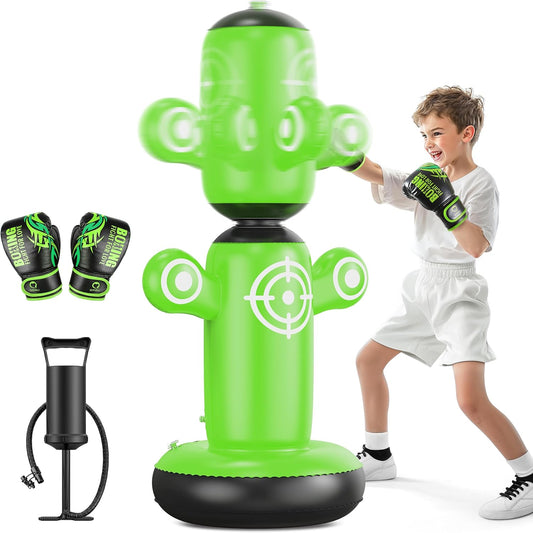 QPAU 360° Rotatable Punching Bag for Kids, Lager 64” Kids Punching Bag with Gloves, Hand Pump & 6 Targets, Bop Bag Inflatable Punching Toy, Karate Gifts for Boys, Girls