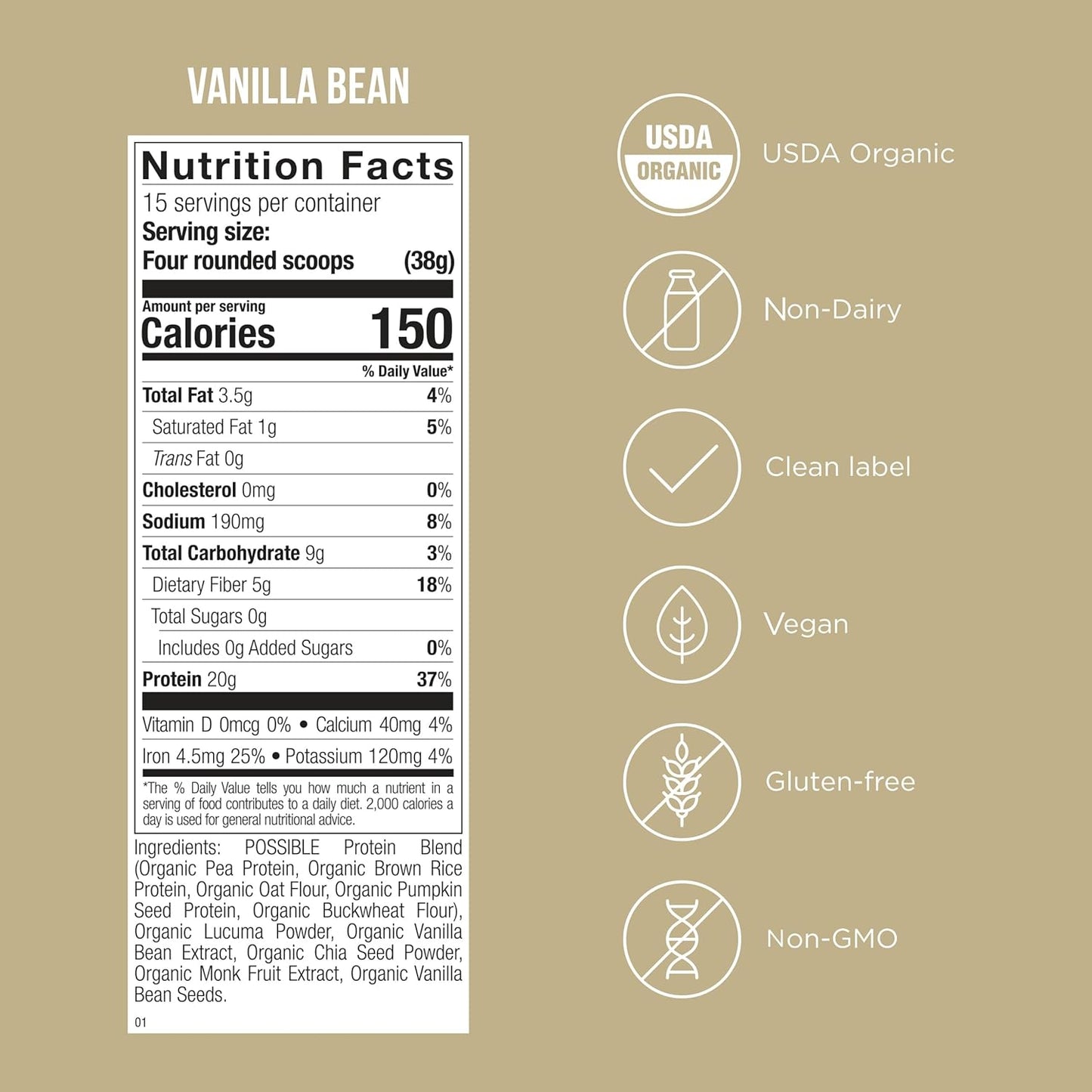Possible Protein Powder Vanilla Bean - 20g of Vegan, Plant-Based Protein Mix - Non-GMO, Non-Dairy, Gluten-Free - 3.5g of BCAAs - 9 Essential Amino Acids - 15-Day Supply - 1 Bag, 15 Servings