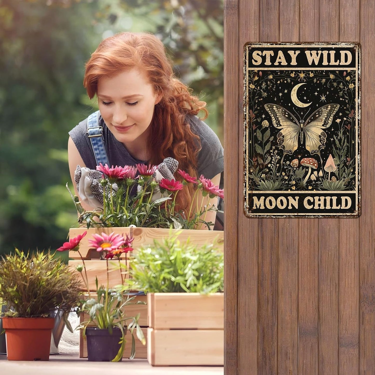Vintage Tin Sign Butterfly Stay Wild Moon Tin Sign Retro Wall Decor for Home Office Room Wall Decor Poster 12 * 8inch