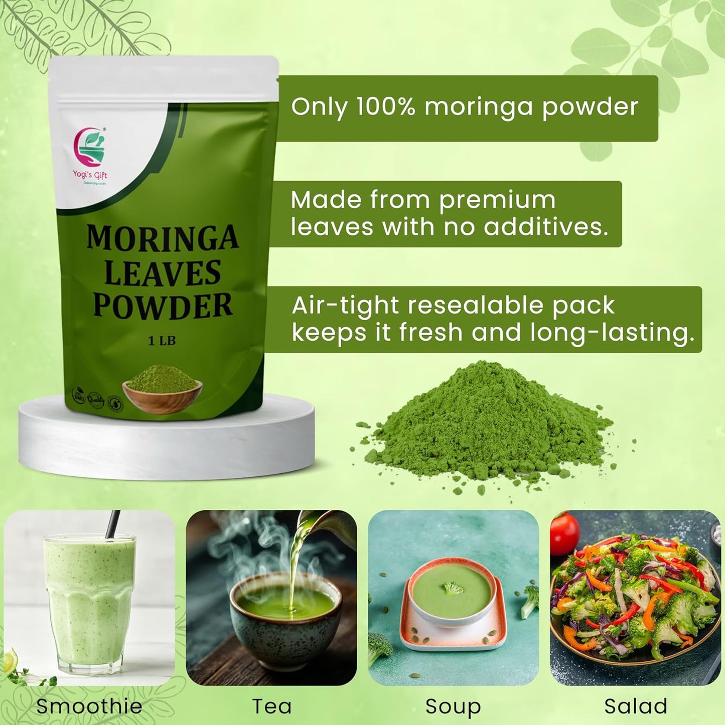 Moringa Powder 1 LB, 100% Pure & Natural Moringa Leaf Powder, Premium Quality for Smoothies & Tea, Resealable Bag for Freshness - By Yogi’s Gift®