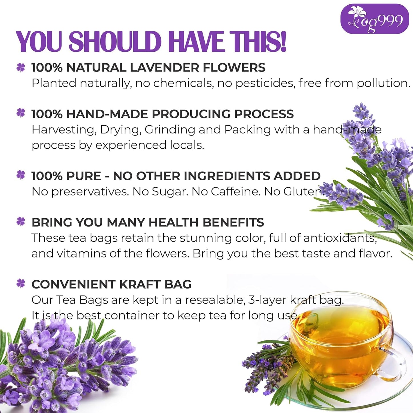 TOG999, Premium 60 Lavender Flower Tea Bags, 100% Natural & Pure from Lavender Flowers. Loose Flower Lavender Herbal Tea. Lavender Flower Tea. No Sugar, No Caffeine, No Gluten, Vegan.
