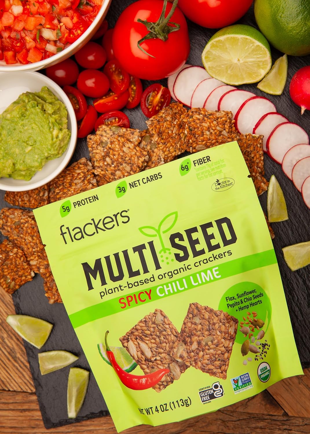 Flackers Organic Spicy Chili Lime Multi-Seed Crackers, 4 Ounce 6-Pack, Gluten Free, Non GMO, Vegan, Keto Snack, 5g Protein, 6g Fiber, 3g Net Carbs