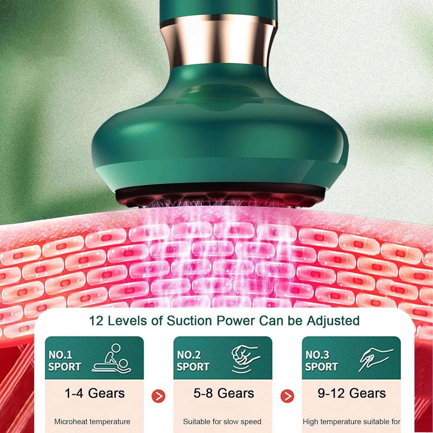 VHV Cellulite Massage Tool-Cupping Kit for Massage Therapy、Lymphatic Drainage Massager、12 Speed Adjustable Suction Cupping Therapy Set, Belly, Thighs, Arms, Butt.（Green