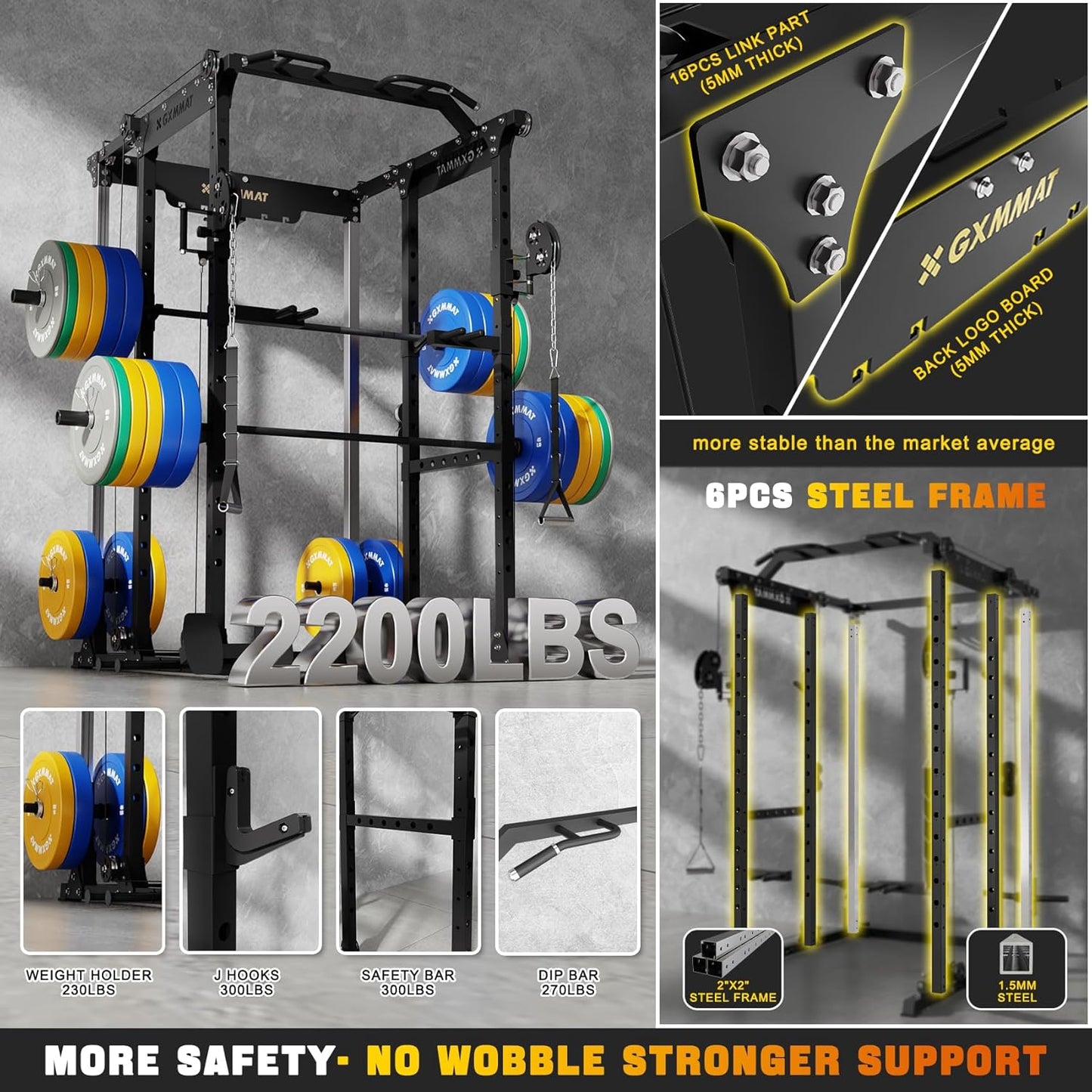 GXMMAT X6 Power Cage, 2200LB Multi-Function Power Rack with Independent Dual Aluminum Pulley System, Squat Rack for Home Gym Strength Training Equipment, Heavy-Duty Steel Construction