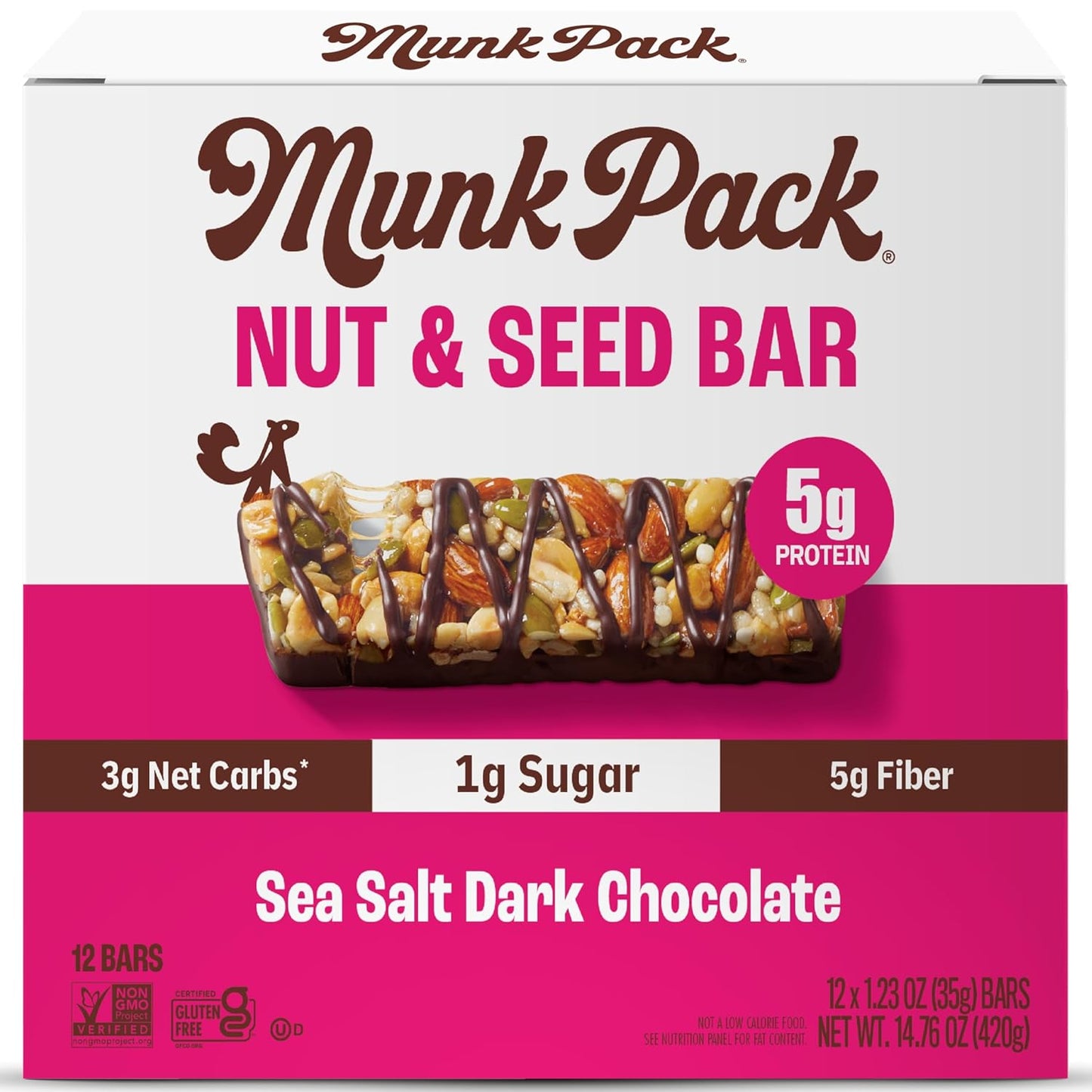 Munk Pack Nut & Seed Snack Bars - 5g Protein, 1g Sugar, 3g Net Carbs, Low Sugar, Keto, and Gluten Free Snack for Adults and Kids, Sea Salt Dark Chocolate – 4.92 oz, 24 Pack