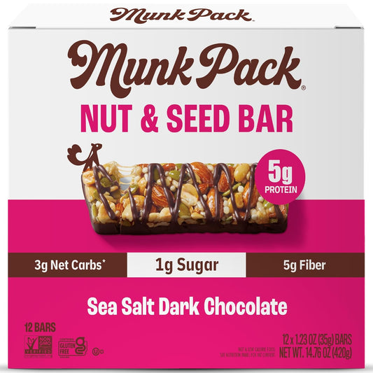 Munk Pack Nut & Seed Snack Bars - 5g Protein, 1g Sugar, 3g Net Carbs, Low Sugar, Keto, and Gluten Free Snack for Adults and Kids, Sea Salt Dark Chocolate – 4.92 oz, 24 Pack