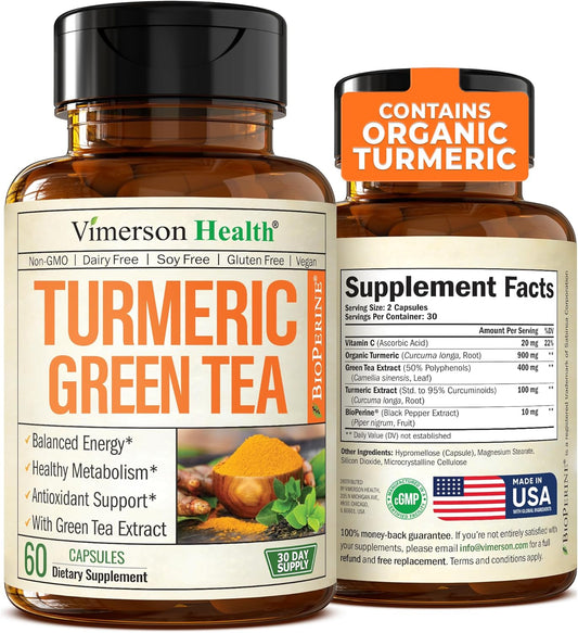Turmeric Supplement & Green Tea Extract Capsules. Green Tea Supplement with Organic Turmeric Curcumin with Black Pepper & Vitamin C for Joint Health, Antioxidant Support & Healthy Metabolism. 60 Caps