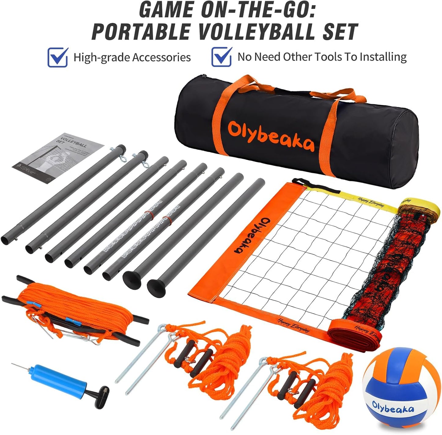 Portable Outdoor Volleyball Net Set System for Backyard Beach with Heavy Duty Poles, Durable Net, PU Volleyball & Pump, Carry Bag