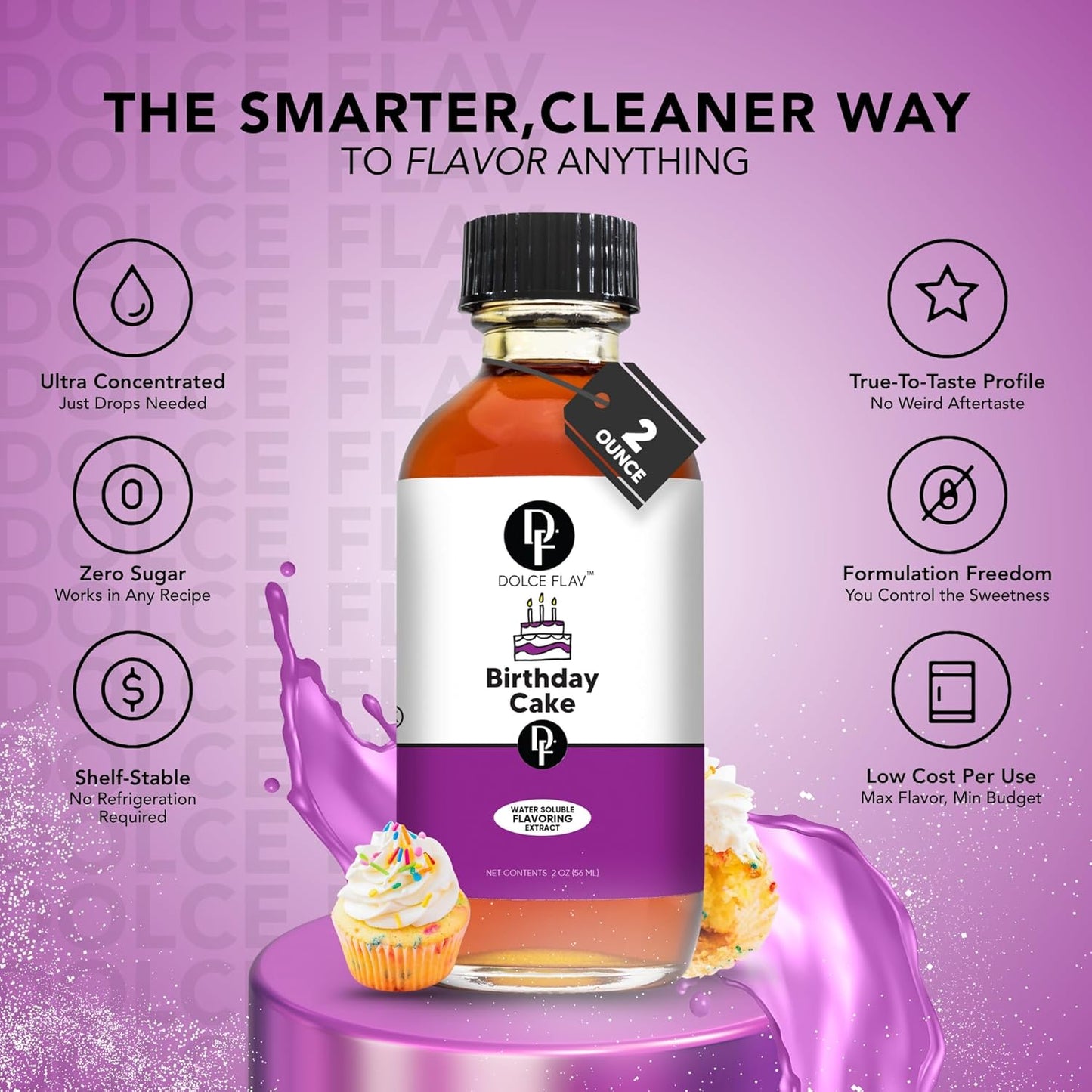 Dolce Flav Birthday Cake Extract – 2 Ounce Water-Soluble Kosher, Sugar-Free, Concentrated Festive Cake Flavoring for Frostings, Cupcakes & Desserts, Includes Measured Dropper