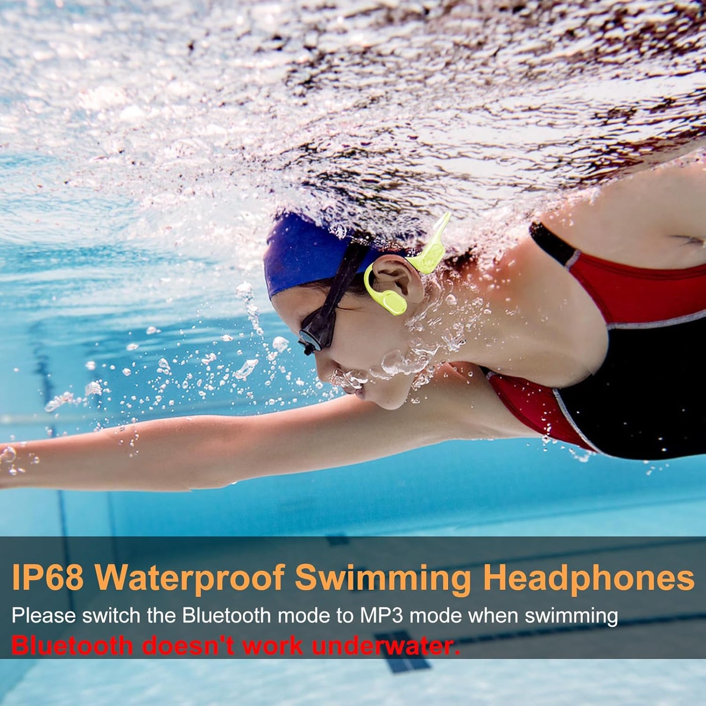 Bone Conduction Bluetooth Headphones-SurfAudio, IP68 Waterproof Swimming Headphones with 32GB MP3 Player, Lightweight Open Ear Design for Swimming/Surfing/Marathon/Cycling(Neon)