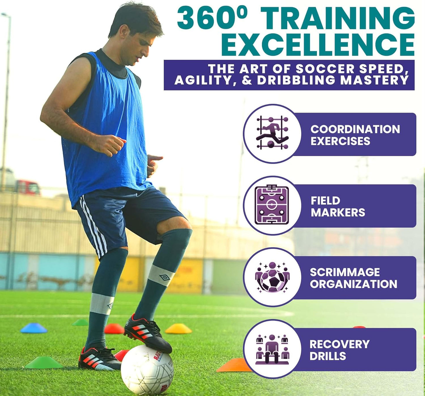 Training Soccer Cones 25/50/100 Pack with Carry Bag & Holder – 5 Colors – Agility Disc Cones Set Sports Practice Equipment for Soccer, Football, Basketball, Coaching & Speed